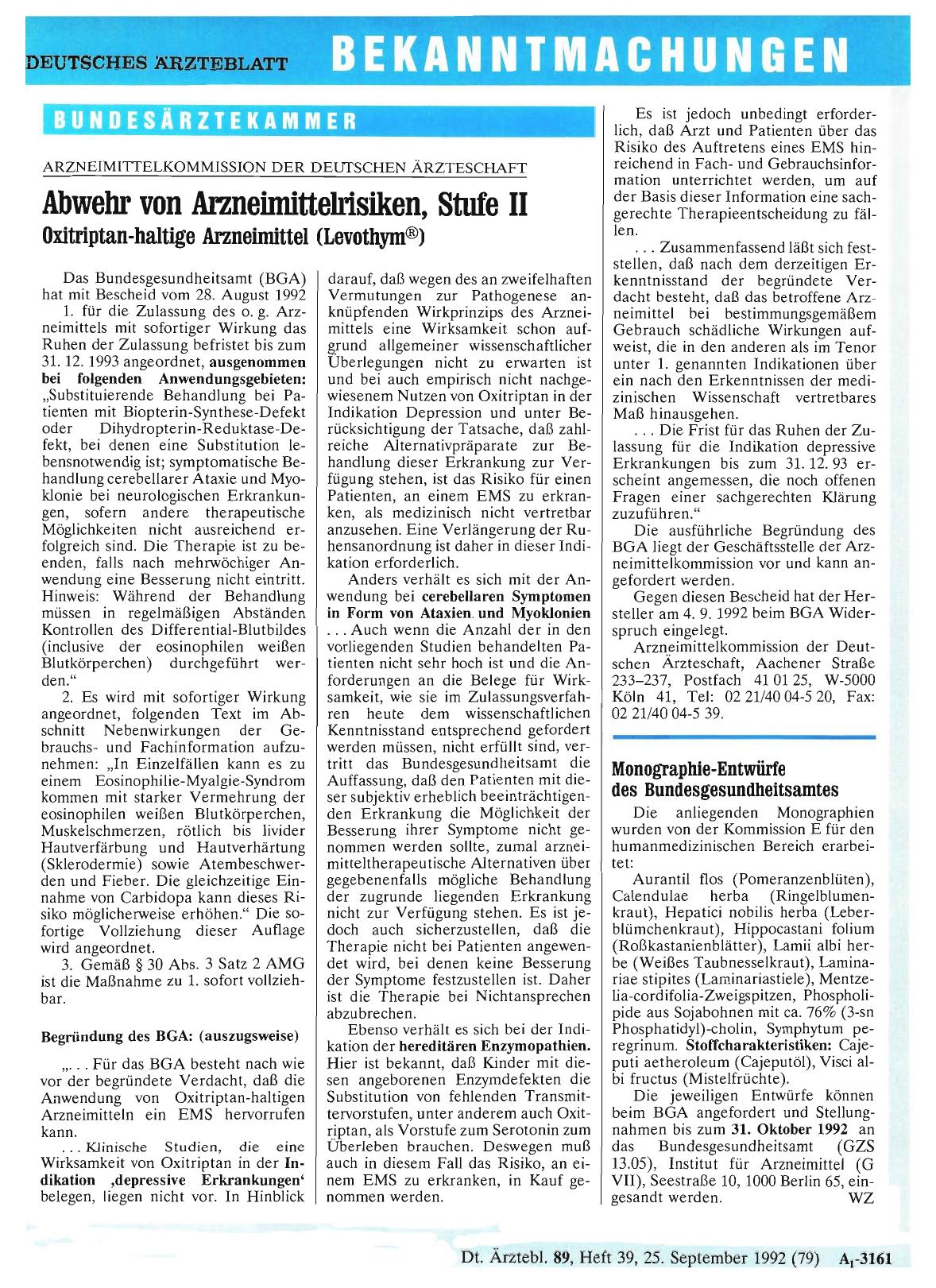 Vorschauseite 1: Monographie-Entwürfe des Bundesgesundheitsamtes