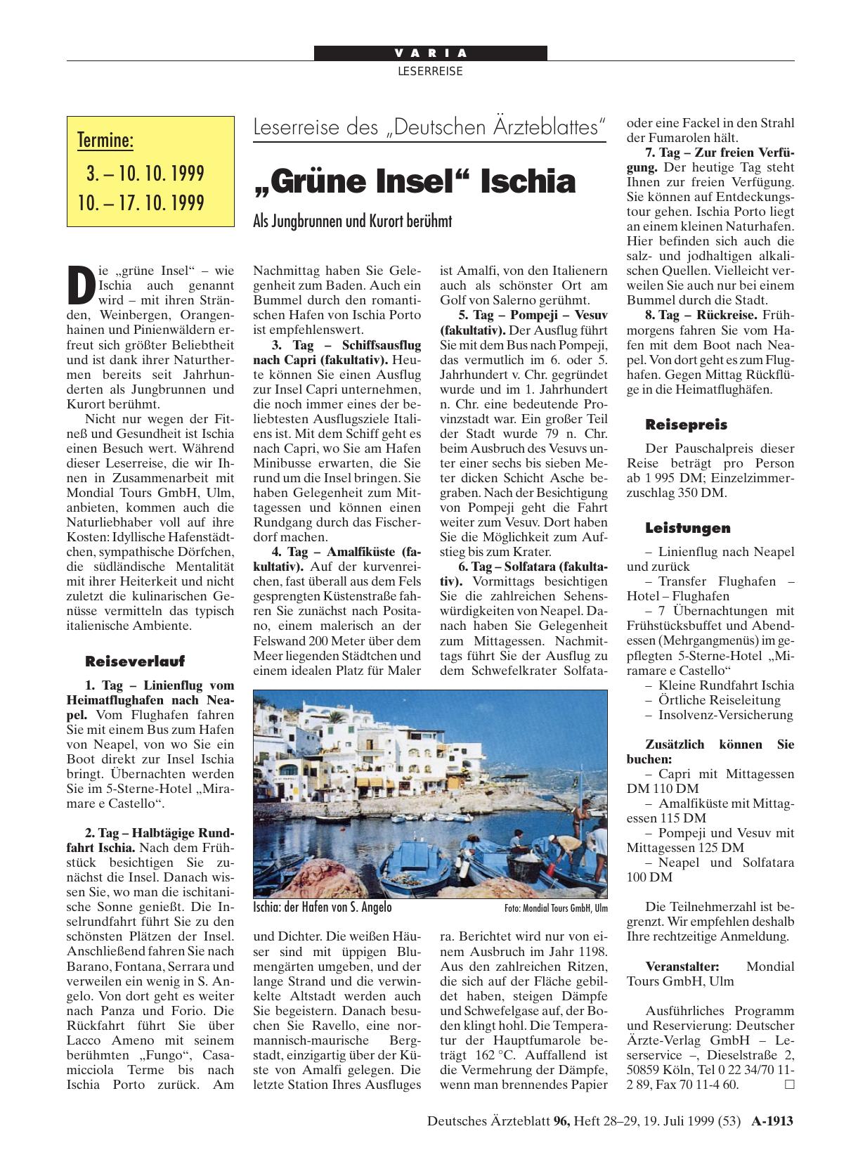 Vorschauseite 1: Leserreise des „Deutschen Ärzteblattes“: „Grüne Insel“ Ischia - Als Jungbrunnen und Kurort berühmt