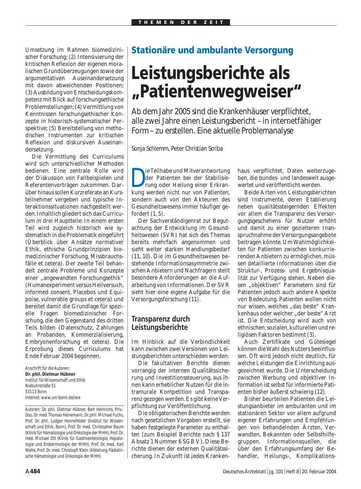 Vorschauseite 1: Stationäre und ambulante Versorgung: Leistungsberichte als „Patientenwegweiser“