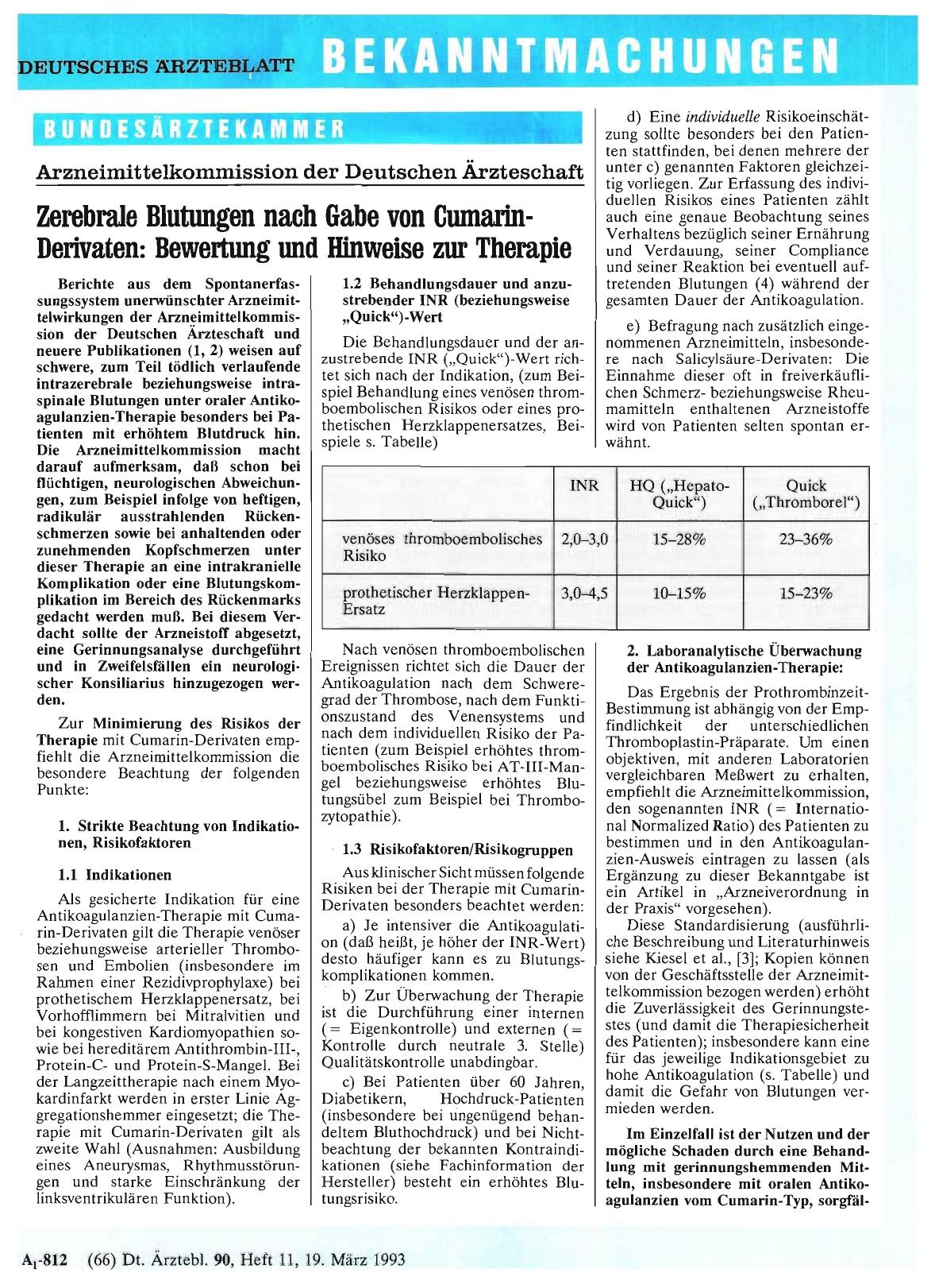 Vorschauseite 1: Zerebrale Blutungen nach Gabe von Cumarin-Derivaten: Bewertung und Hinweise zur Therapie