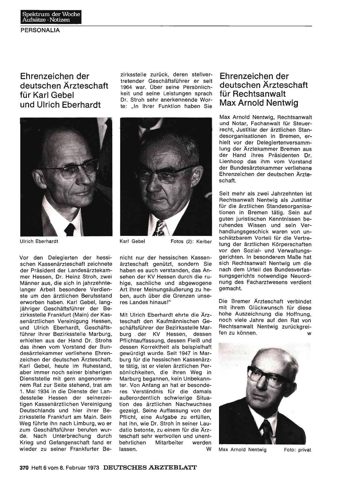 Vorschauseite 1: Ehrenzeichen der deutschen Ärzteschaft für Karl Gebel und Ulrich Eberhardt