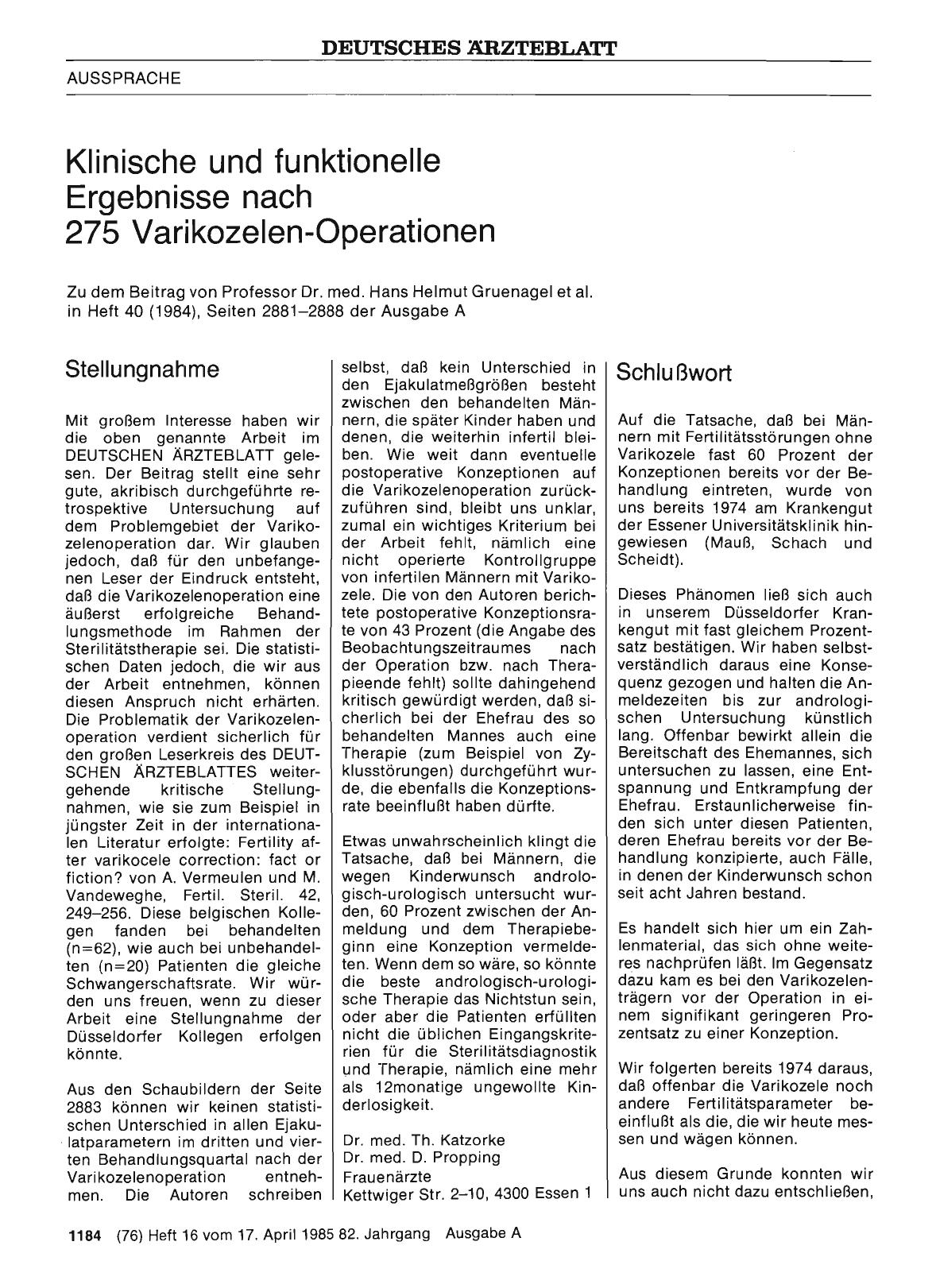 Vorschauseite 1: Klinische und funktionelle Ergebnisse nach 275 Varikozelen-Operationen: Schlußwort