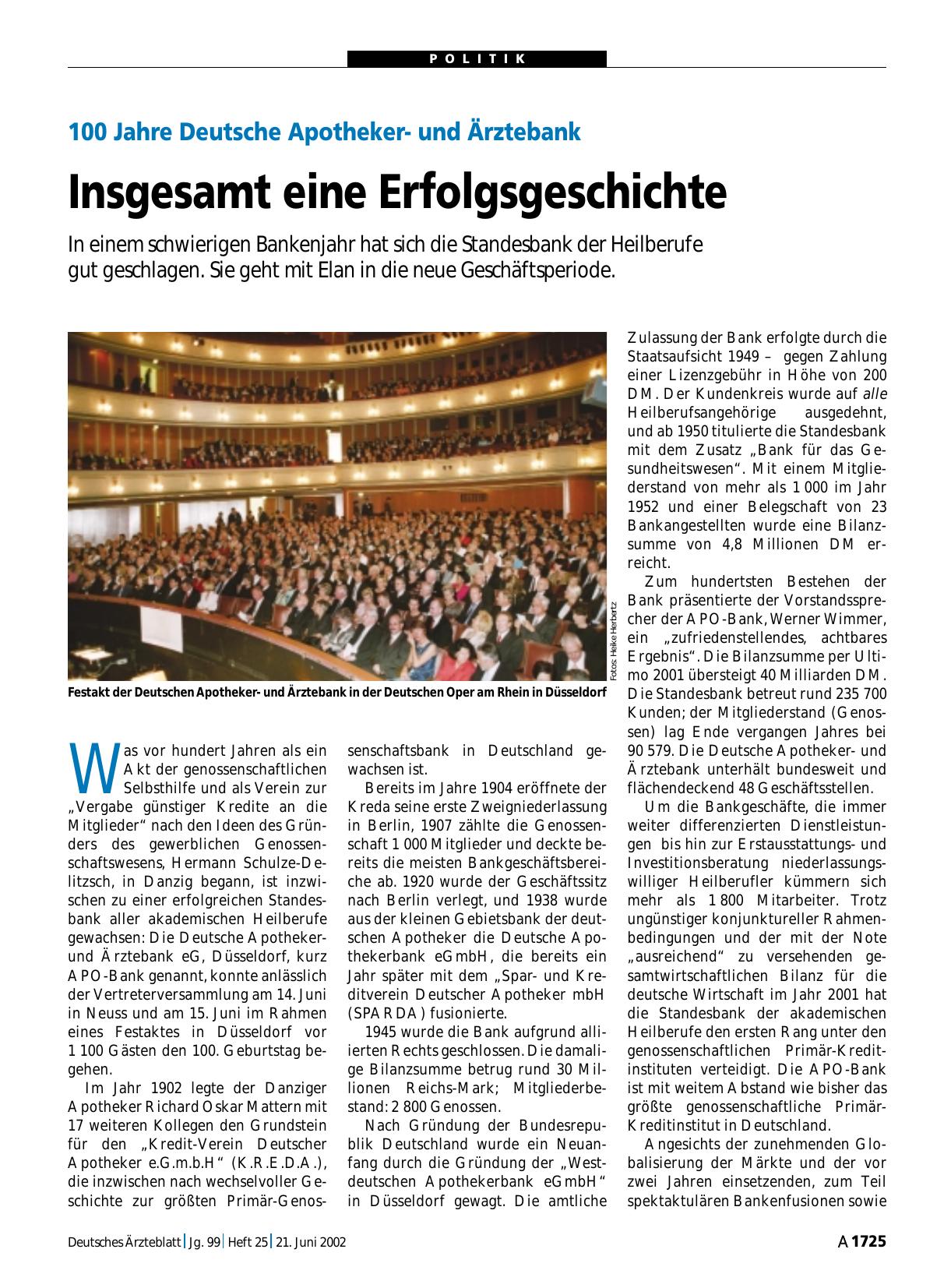 Vorschauseite 1: 100 Jahre Deutsche Apothekerund Ärztebank: Insgesamt eine Erfolgsgeschichte