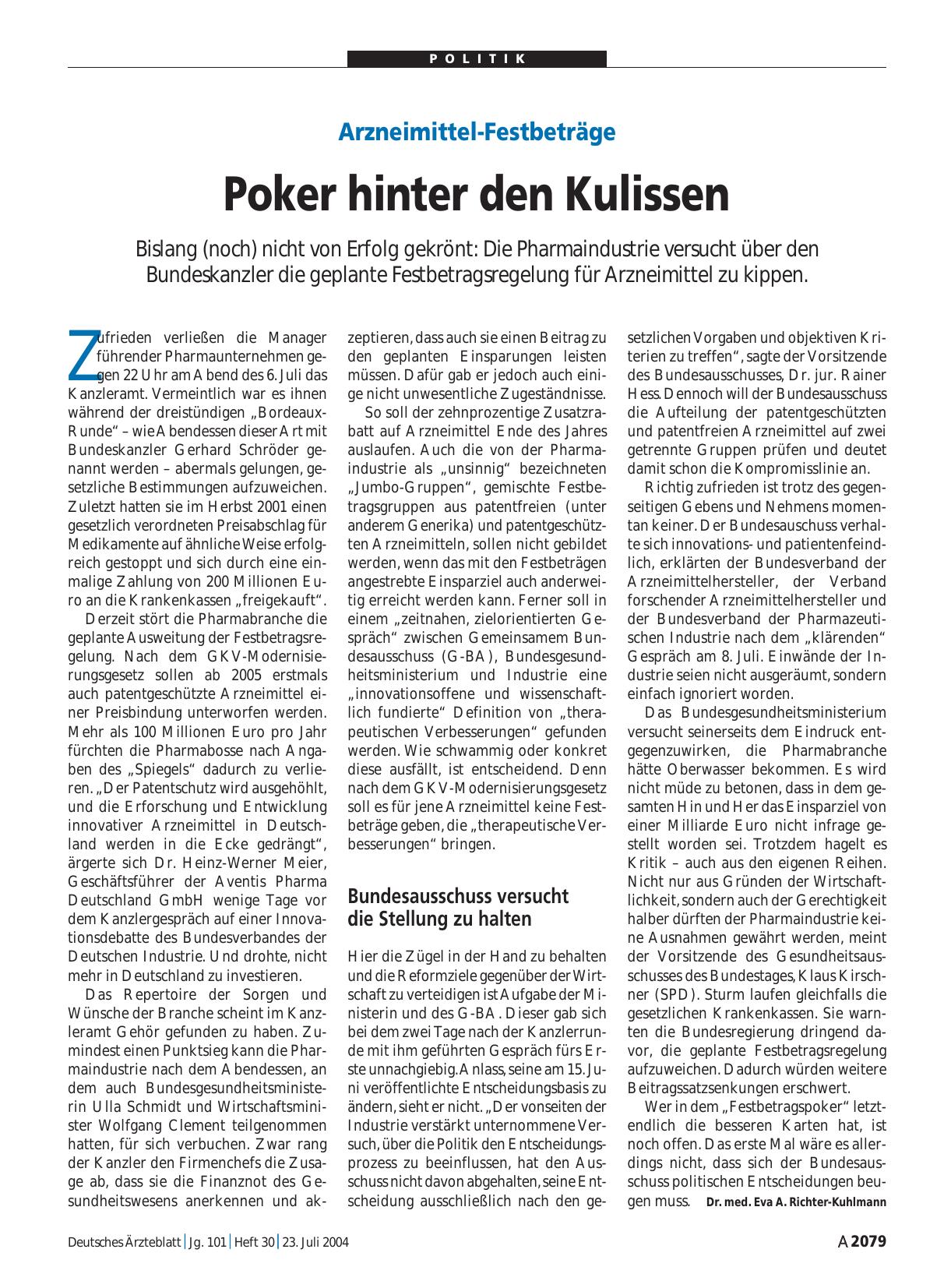 Vorschauseite 1: Arzneimittel-Festbeträge: Poker hinter den Kulissen