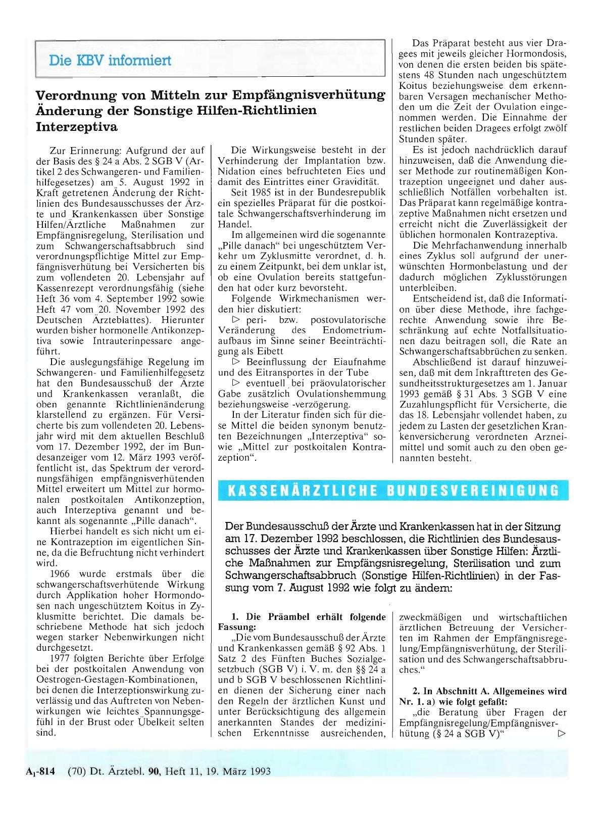 Vorschauseite 1: Verordnung von Mitteln zur Empfängnisverhütung Änderung der Sonstige Hilfen-Richtlinien Interzeptiva