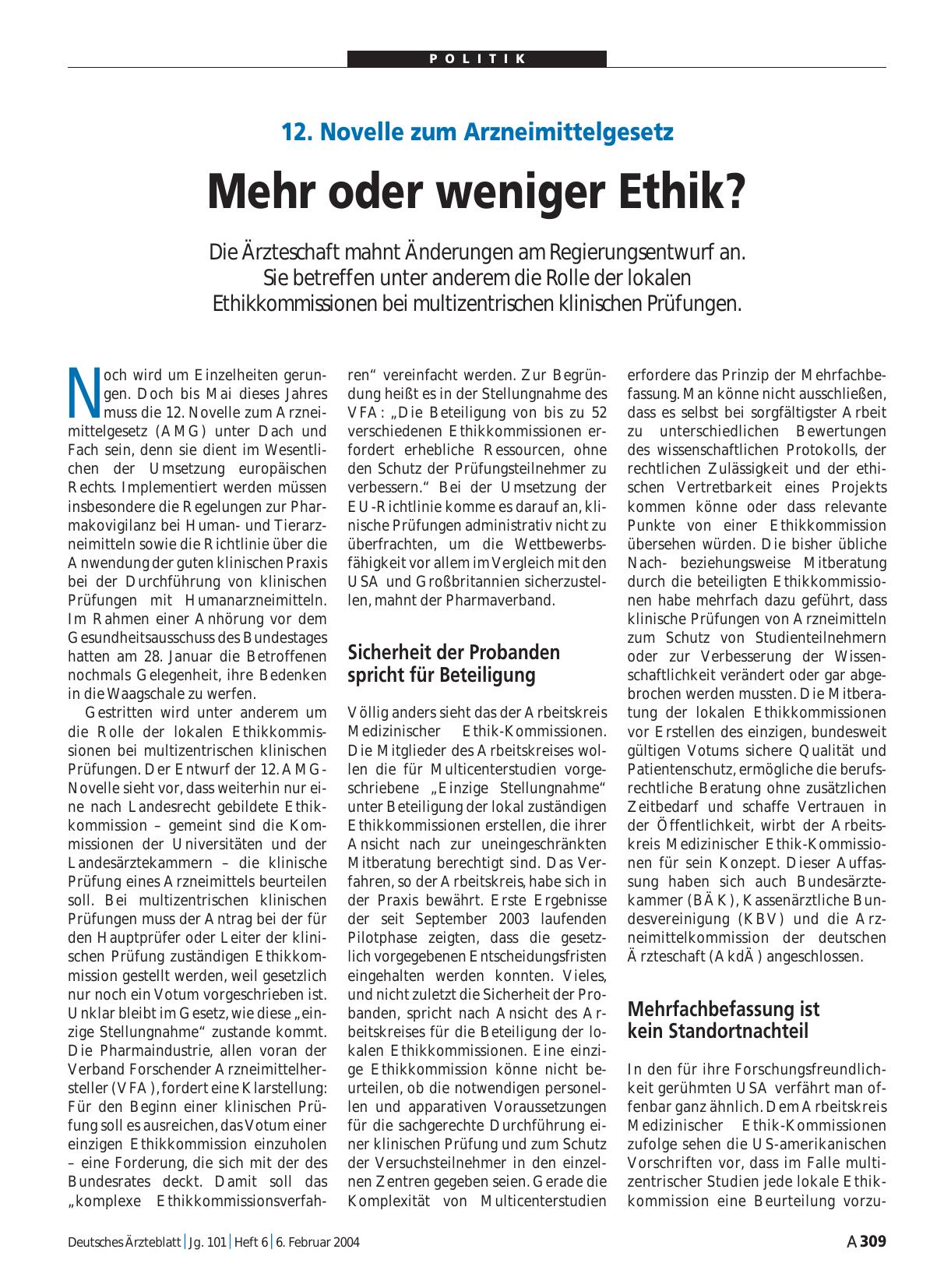 Vorschauseite 1: 12. Novelle zum Arzneimittelgesetz: Mehr oder weniger Ethik?
