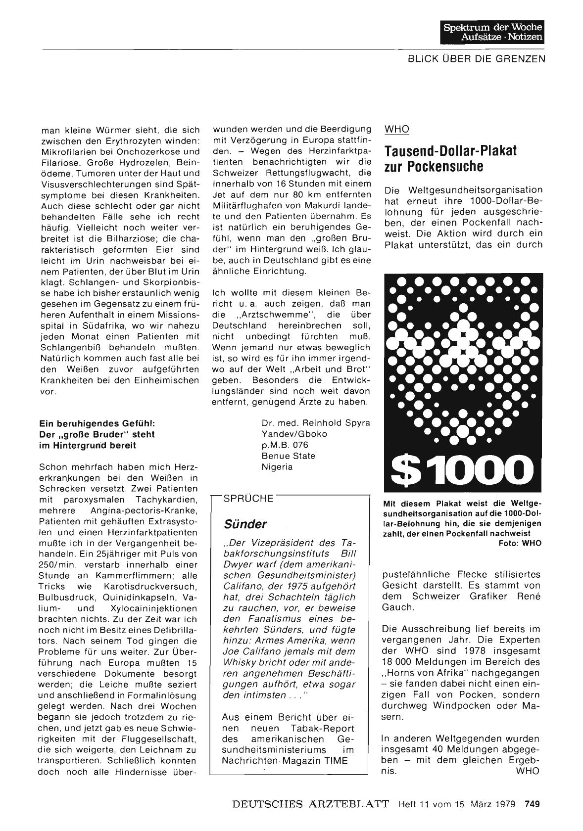 Vorschauseite 1: WHO: Tausend-Dollar-Plakat zur Pockensuche
