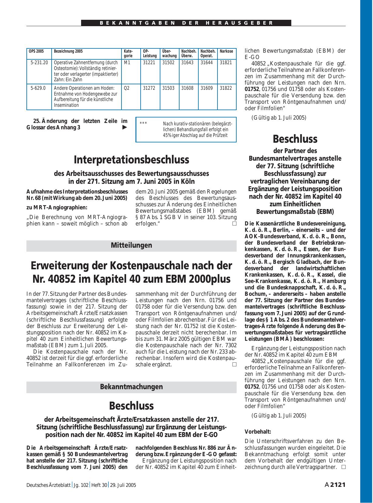 Vorschauseite 1: Beschluss der Partner des Bundesmantelvertrages anstelle der 77. Sitzung (schriftliche Beschlussfassung) zur vertraglichen Vereinbarung der Ergänzung der Leistungsposition nach de…