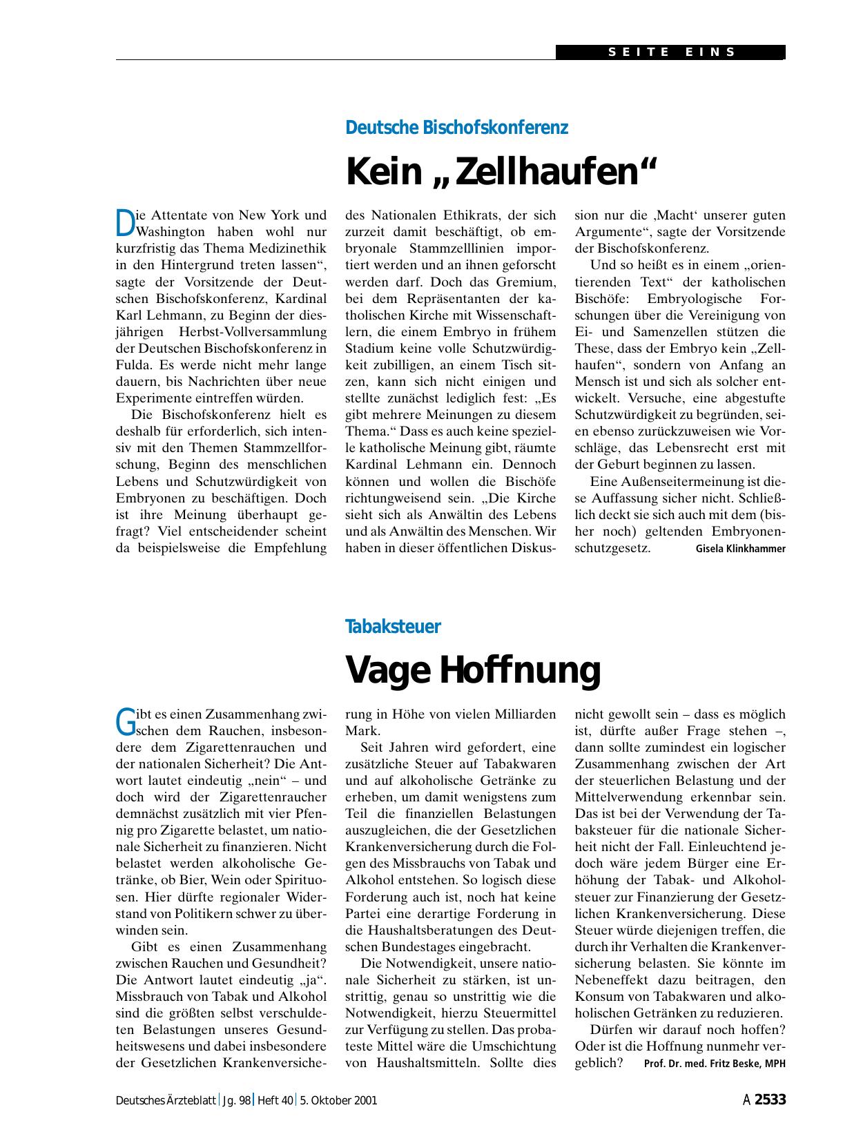 Vorschauseite 1: Tabaksteuer: Vage Hoffnung