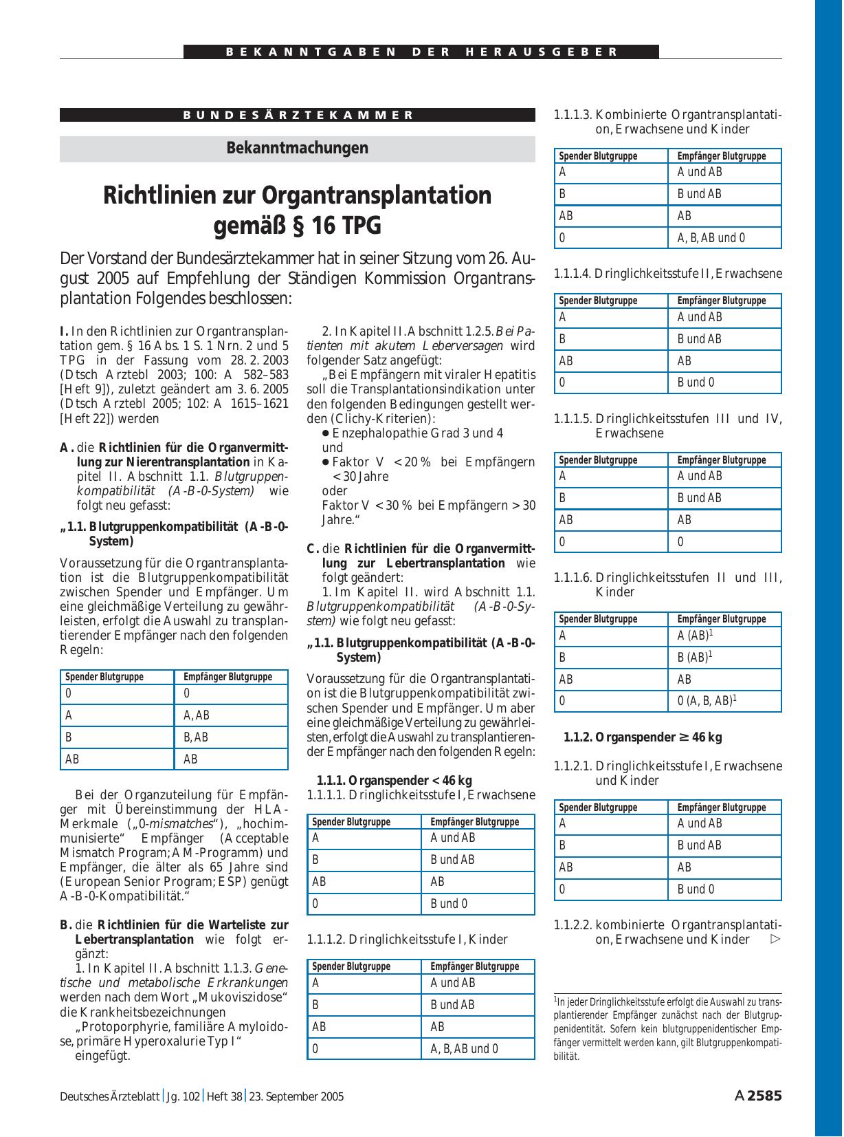 Vorschauseite 1: Bekanntmachungen: Richtlinien zur Organtransplantation gemäß § 16 TPG