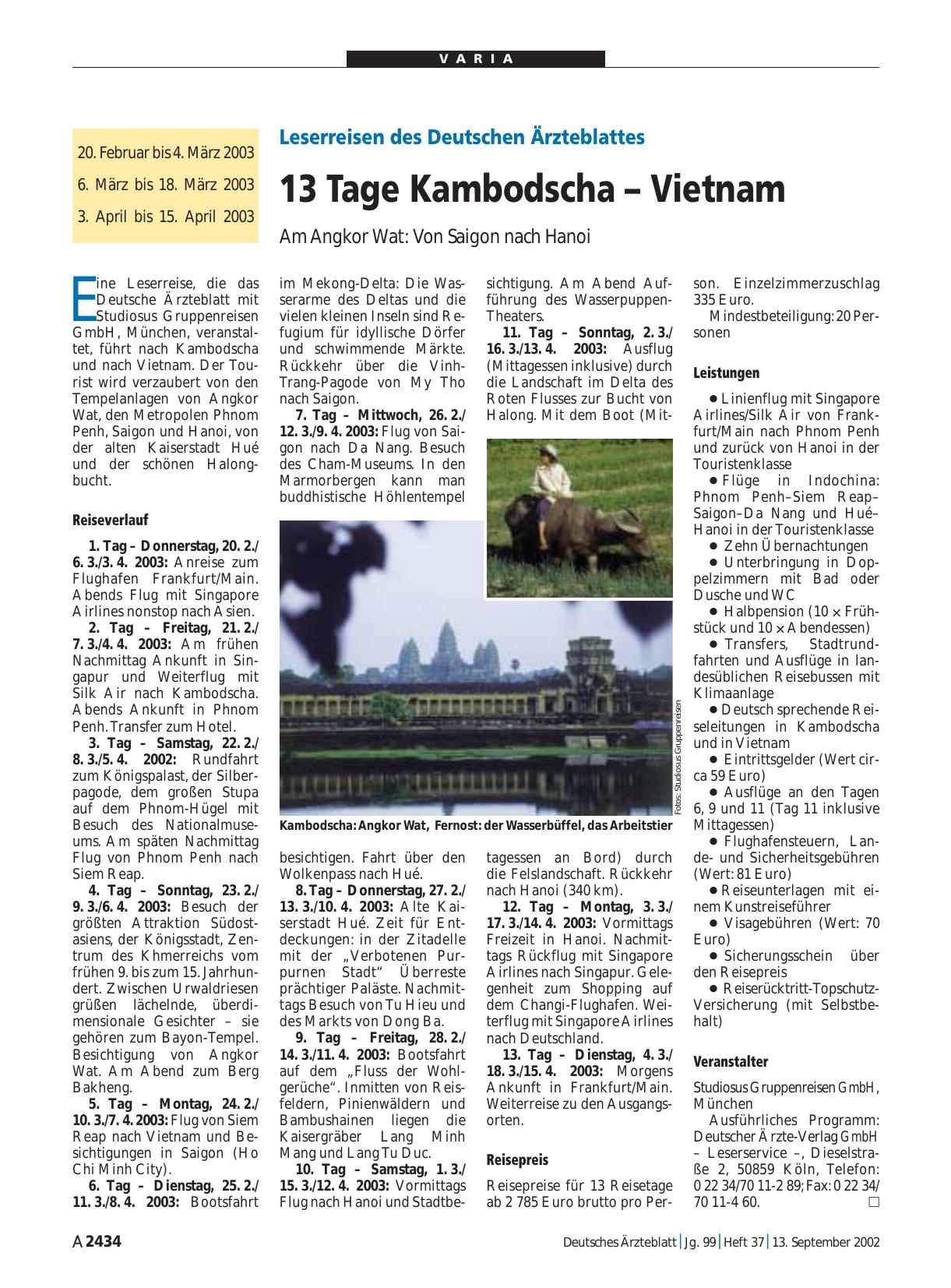 Vorschauseite 1: Leserreisen des Deutschen Ärzteblattes: 13 Tage Kambodscha – Vietnam