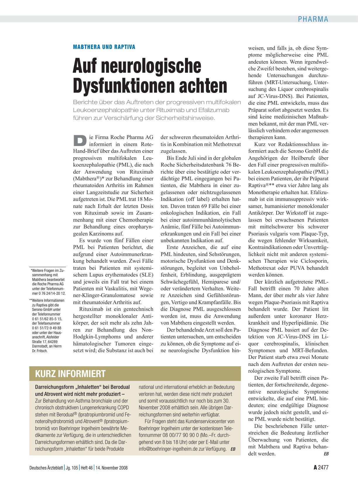 Vorschauseite 1: Mabthera und Raptiva: Auf neurologische Dysfunktionen achten