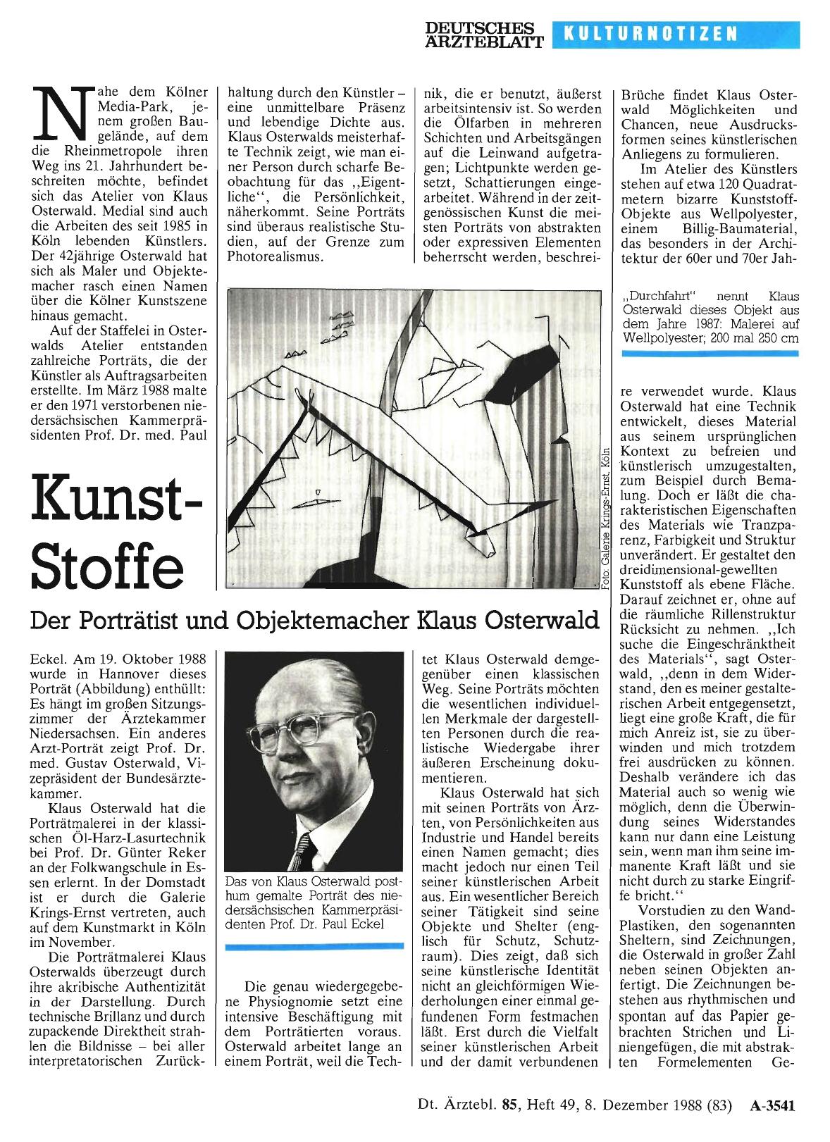 Vorschauseite 1: Kunst-Stoffe: Der Porträtist und Objektemacher Klaus Osterwald