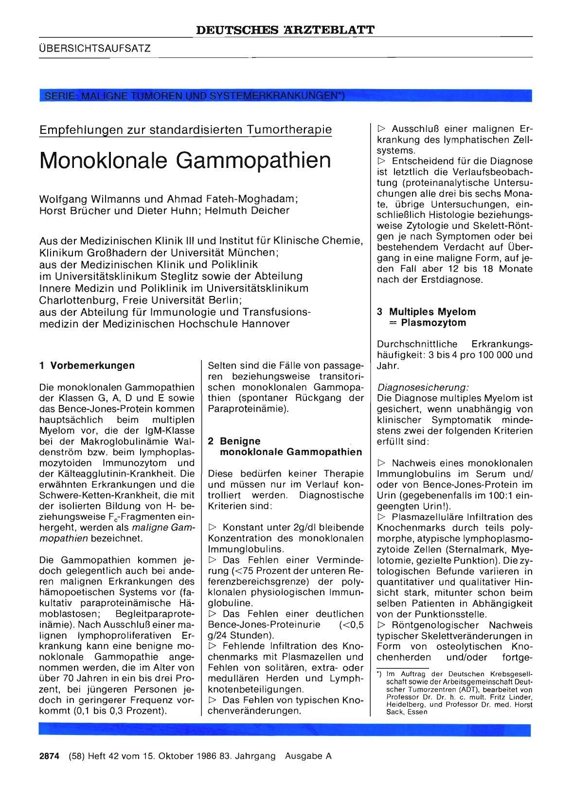 Vorschauseite 1: Serie: Maligne Tumoren und Systemerkrankungen *) - Empfehlungen zur standardisierten Tumortherapie: Monoklonale Gammopathien