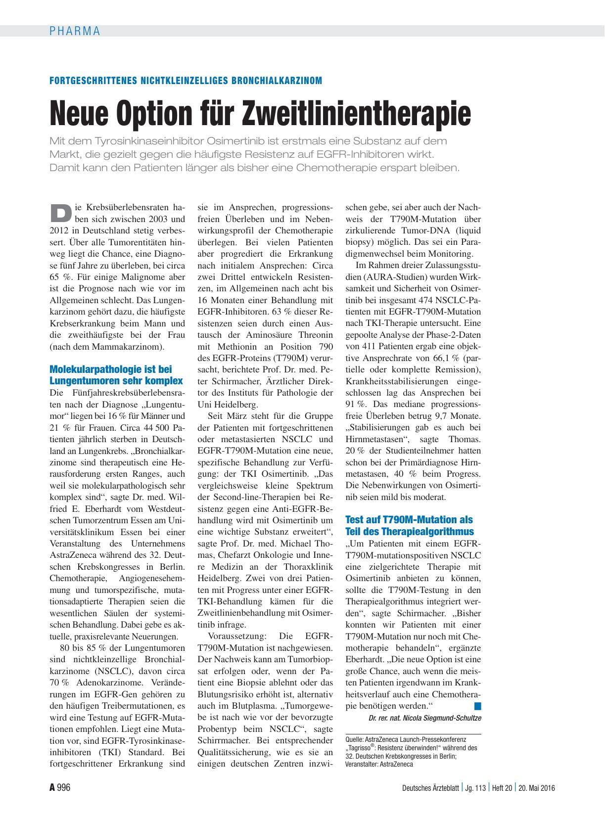Vorschauseite 1: Fortgeschrittenes nichtkleinzelliges Bronchialkarzinom: Neue Option für Zweitlinientherapie