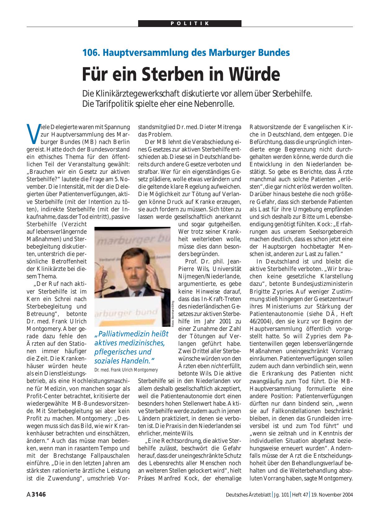 Vorschauseite 1: 106. Hauptversammlung des Marburger Bundes: Für ein Sterben in Würde