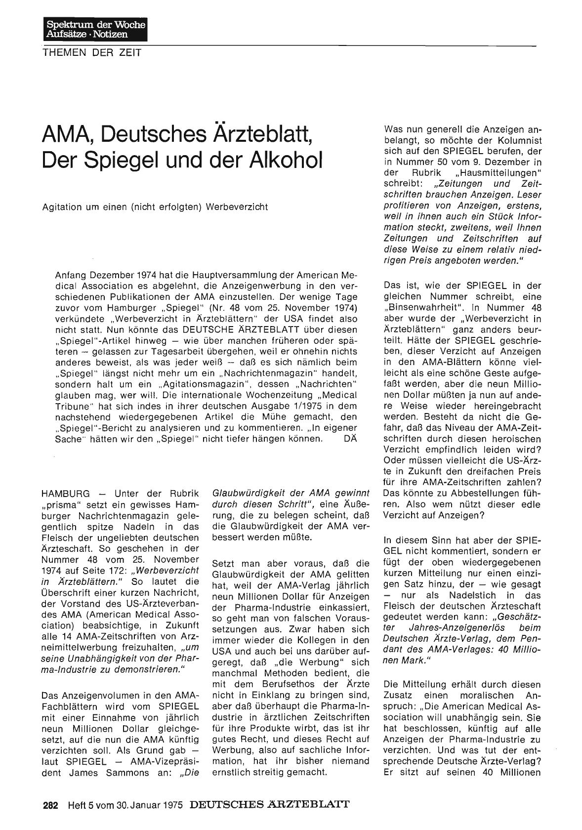 Vorschauseite 1: AMA, Deutsches Ärzteblatt, Der Spiegel und der Alkohol