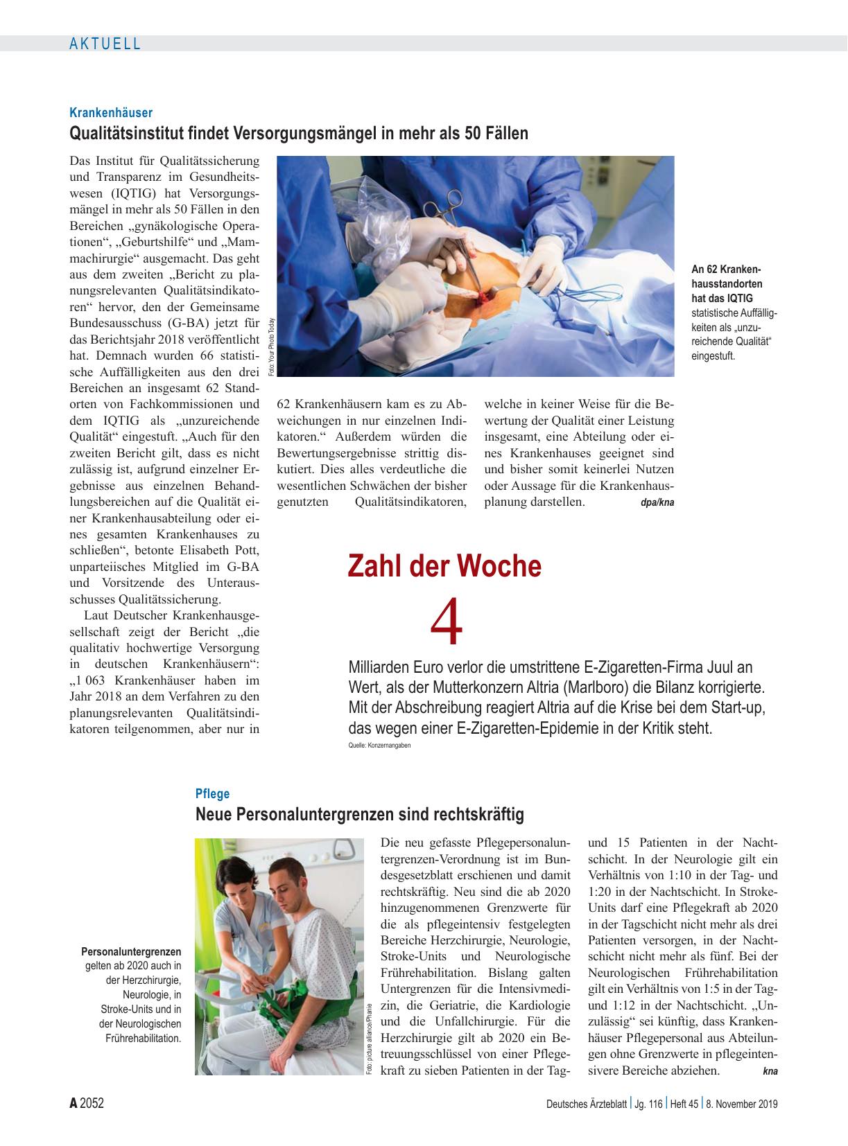 Vorschauseite 1: Krankenhäuser: Qualitätsinstitut findet Versorgungsmängel in mehr als 50 Fällen