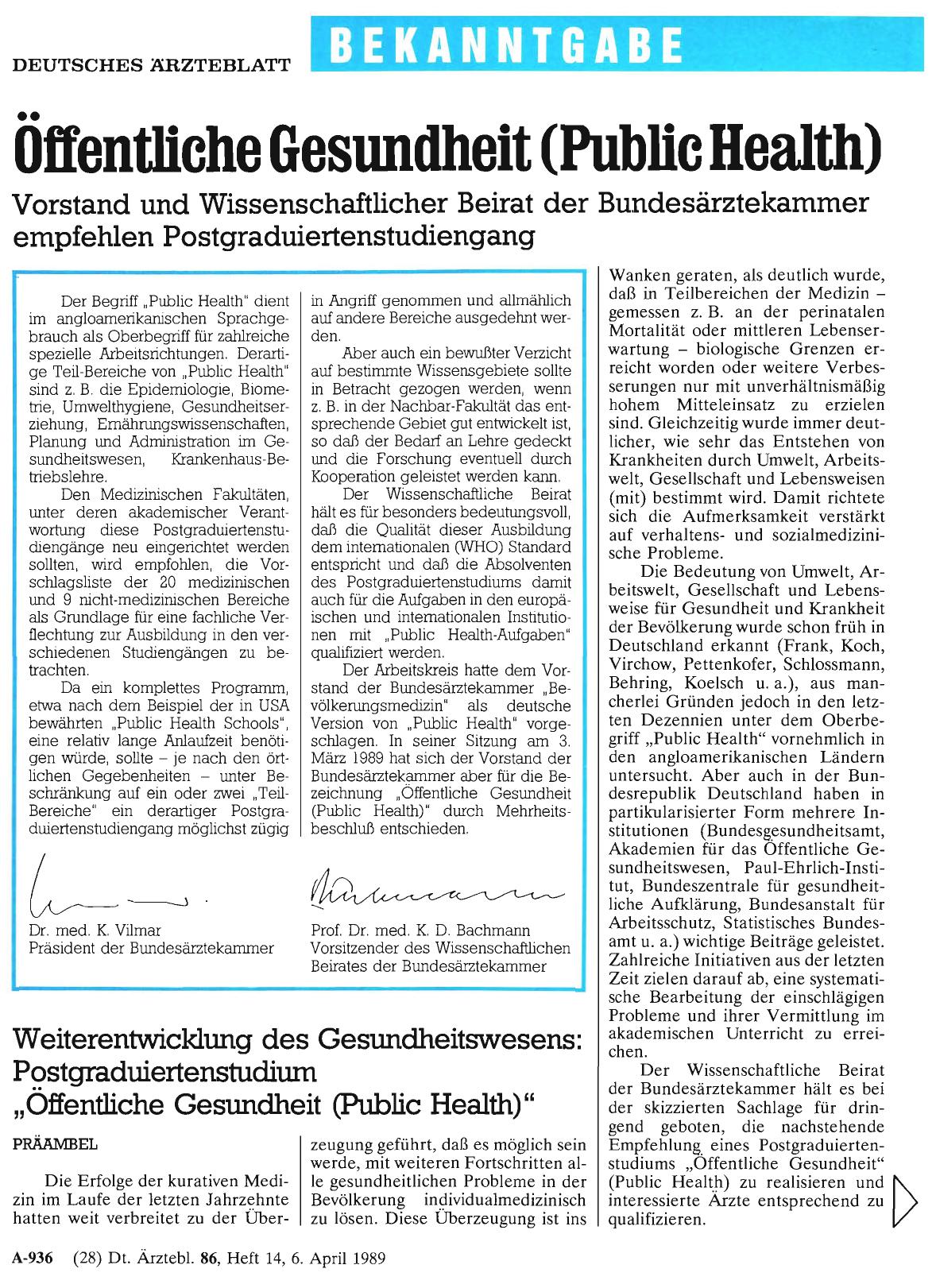 Vorschauseite 1: Bekanntgabe der Bundesärztekammer: Öffentliche Gesundheit (Public Health)