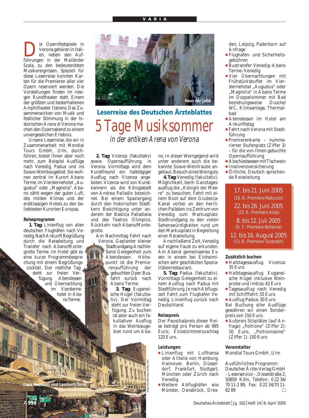 Vorschauseite 1: Leserreise des Deutschen Ärzteblattes: 5 Tage Musiksommer in der antiken Arena von Verona