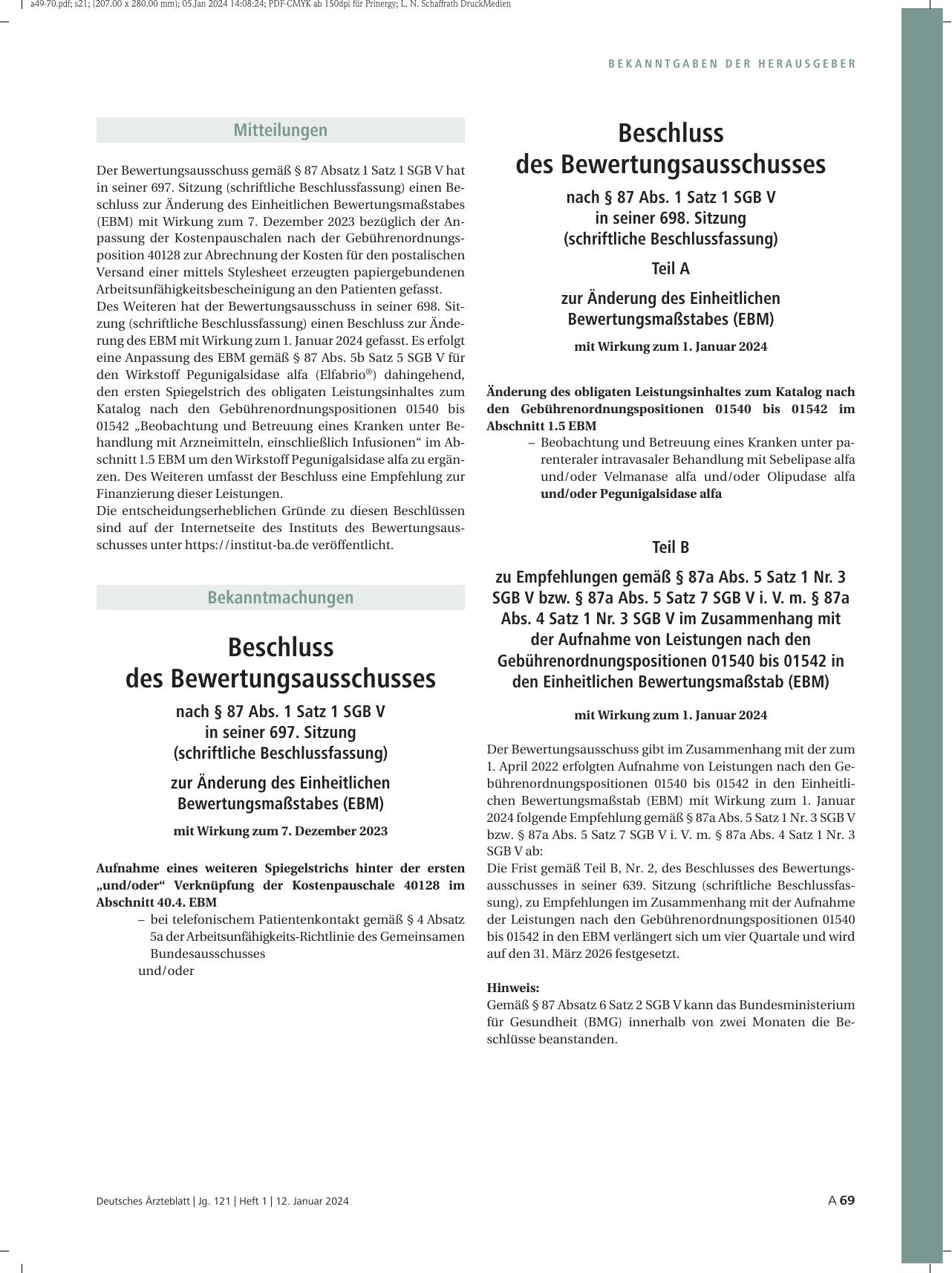 Vorschauseite 1: Beschluss des Bewertungsausschusses nach § 87 Abs. 1 Satz 1 SGB V in seiner 697. Sitzung (schriftliche Beschlussfassung) zur Änderung des Einheitlichen Bewertungsmaßstabes (EBM)