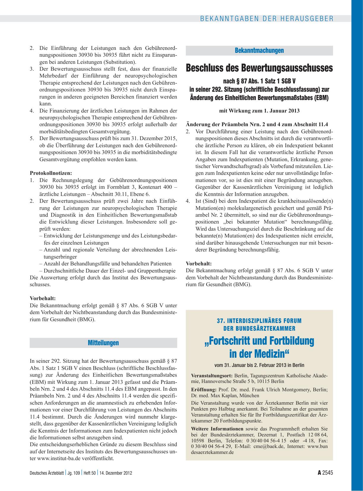Vorschauseite 1: Beschluss des Bewertungsausschusses nach § 87 Abs. 1 Satz 1 SGB V in seiner 292. Sitzung (schriftliche Beschlussfassung) zur Änderung des Einheitlichen Bewertungsmaßstabes (EBM)