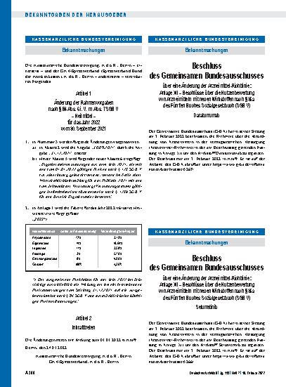 Vorschauseite 1: Änderung der Rahmenvorgaben nach § 84 Abs. 6 i. V. m. Abs. 7 SGB V – Heilmittel – für das Jahr 2022 vom 30. September 2021