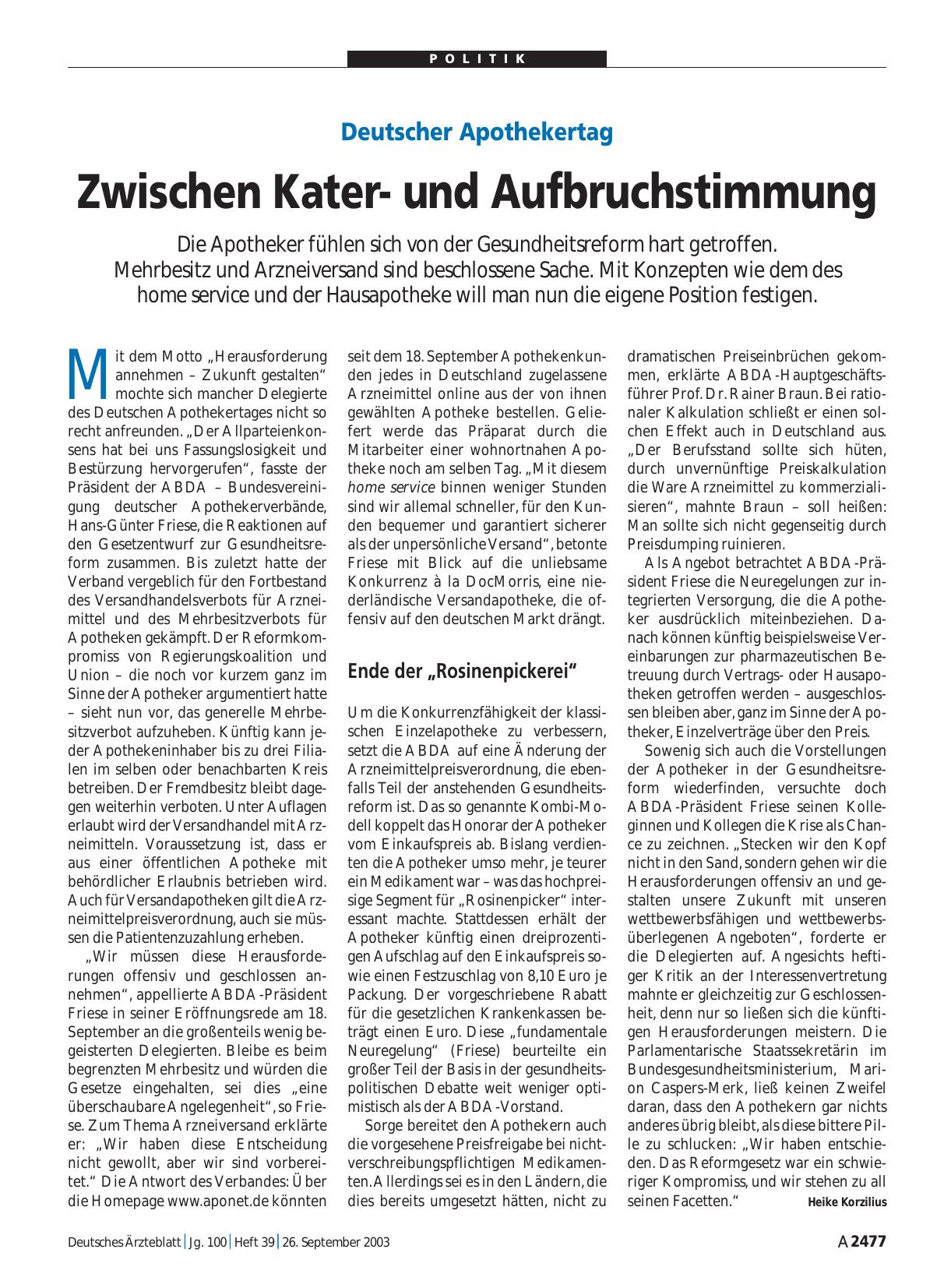 Vorschauseite 1: Deutscher Apothekertag: Zwischen Katerund Aufbruchstimmung