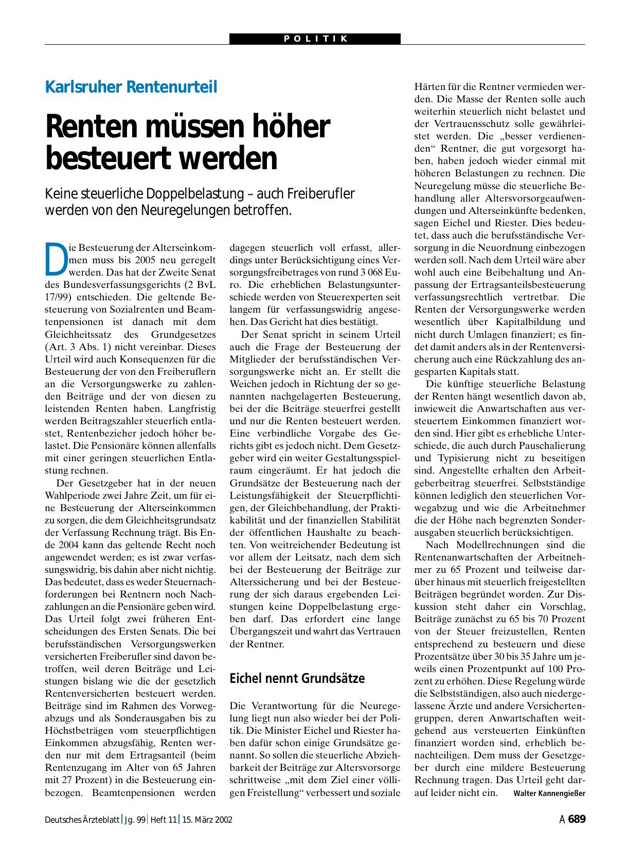 Vorschauseite 1: Karlsruher Rentenurteil: Renten müssen höher besteuert werden