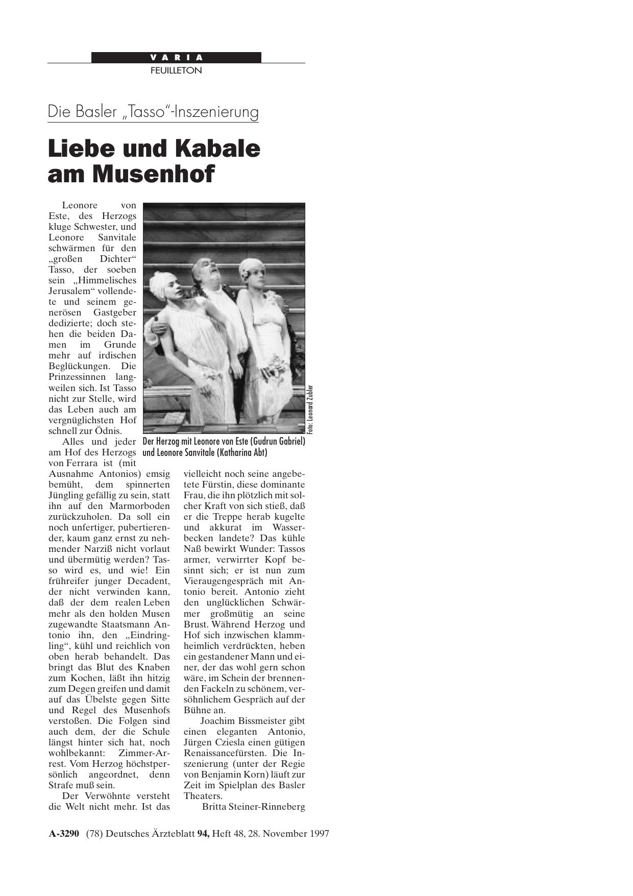 Vorschauseite 1: Die Basler „Tasso“-Inszenierung: Liebe und Kabale am Musenhof