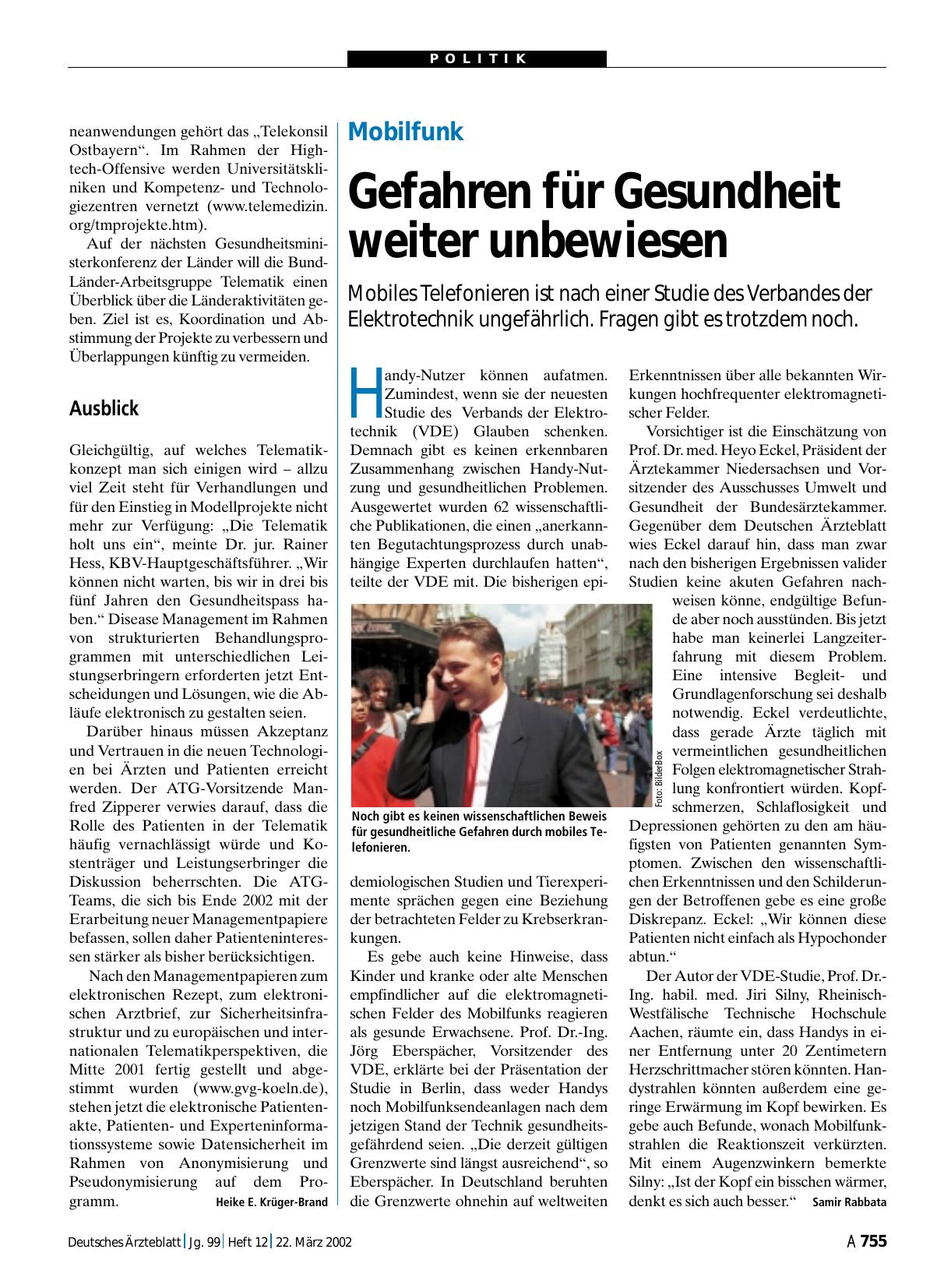 Vorschauseite 1: Mobilfunk: Gefahren für Gesundheit weiter unbewiesen