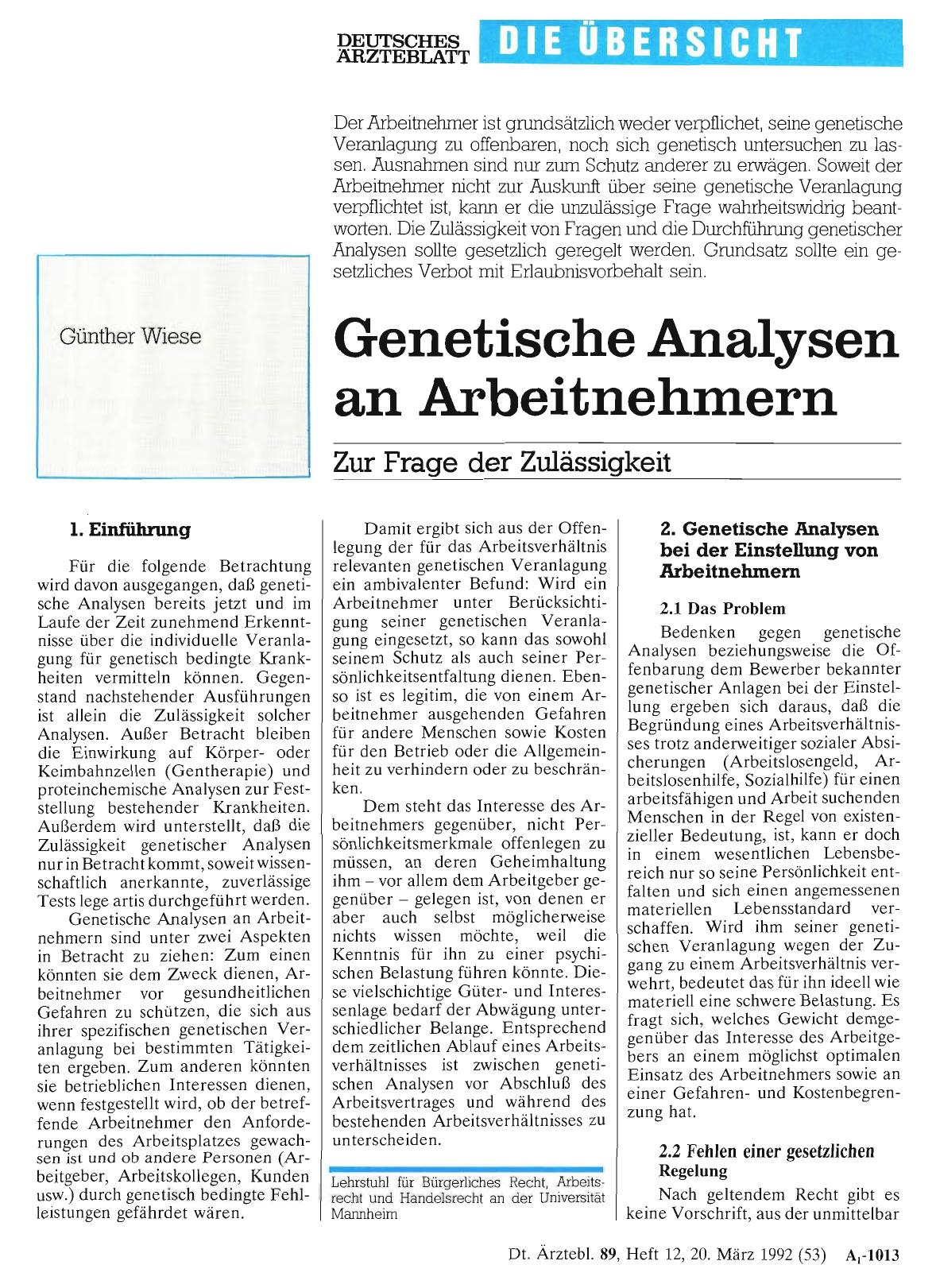 Vorschauseite 1: Genetische Analysen an Arbeitnehmern