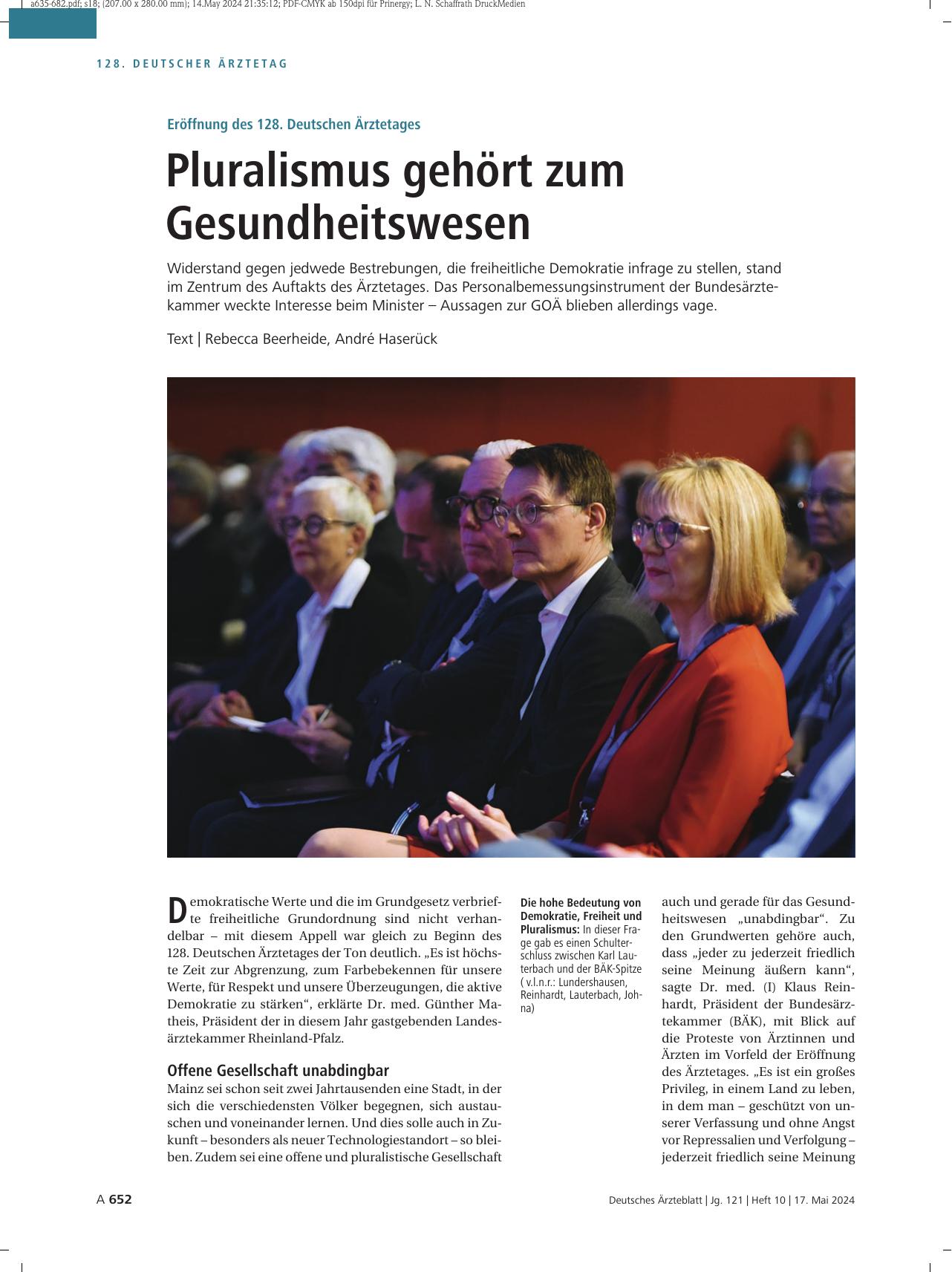 Vorschauseite 1: Eröffnung des 128. Deutschen Ärztetages: Pluralismus gehört zum Gesundheitswesen