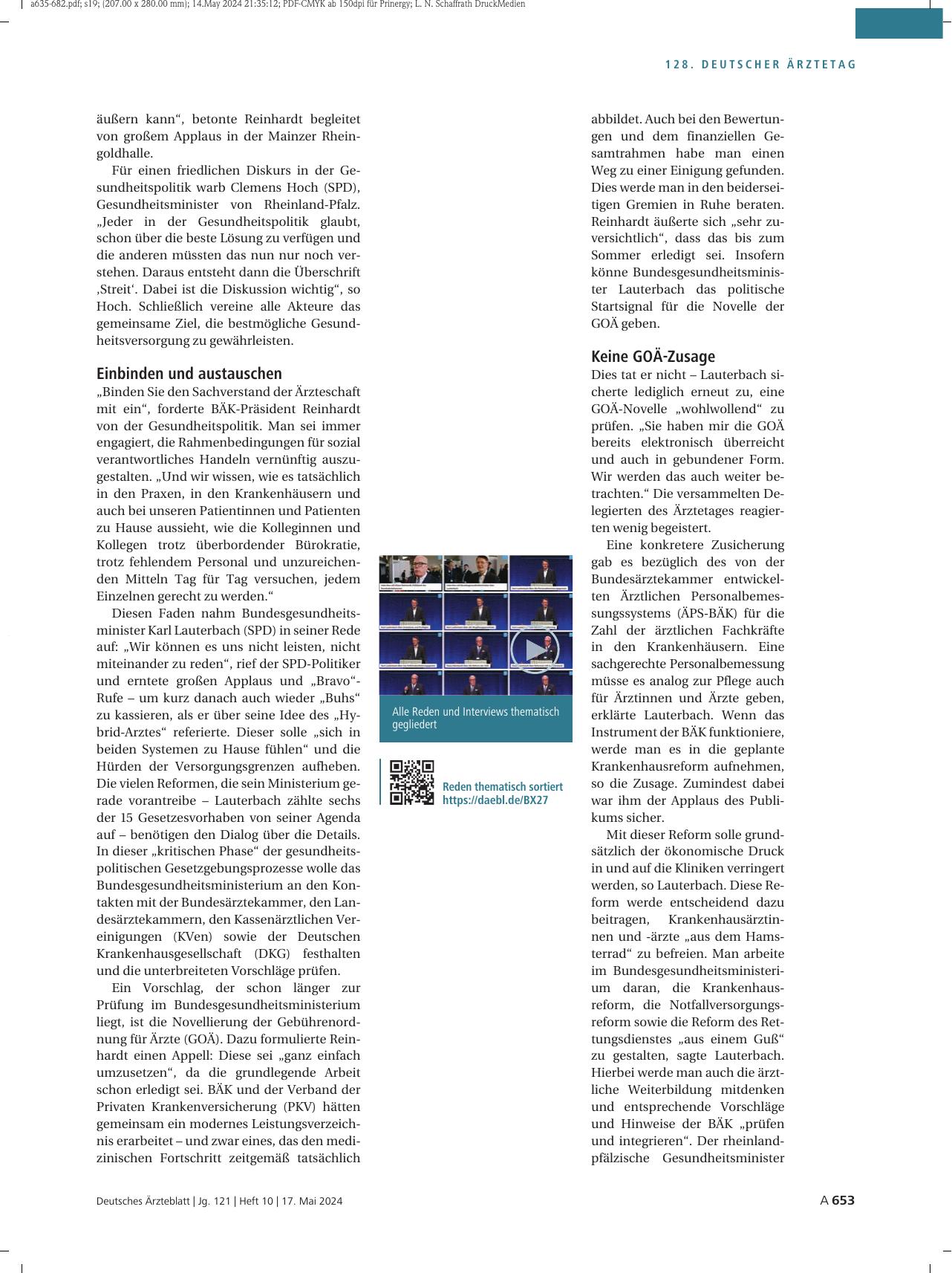 Vorschauseite 2: Eröffnung des 128. Deutschen Ärztetages: Pluralismus gehört zum Gesundheitswesen