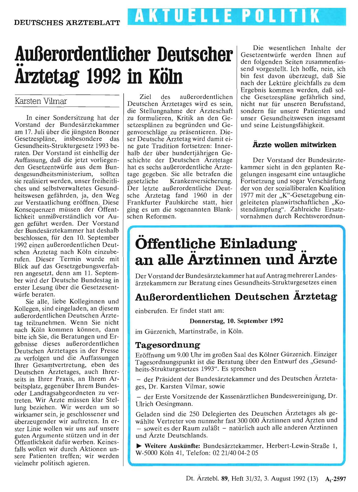 Vorschauseite 1: Außerordentücher Deutscher Ärztetag 1992 in Köln