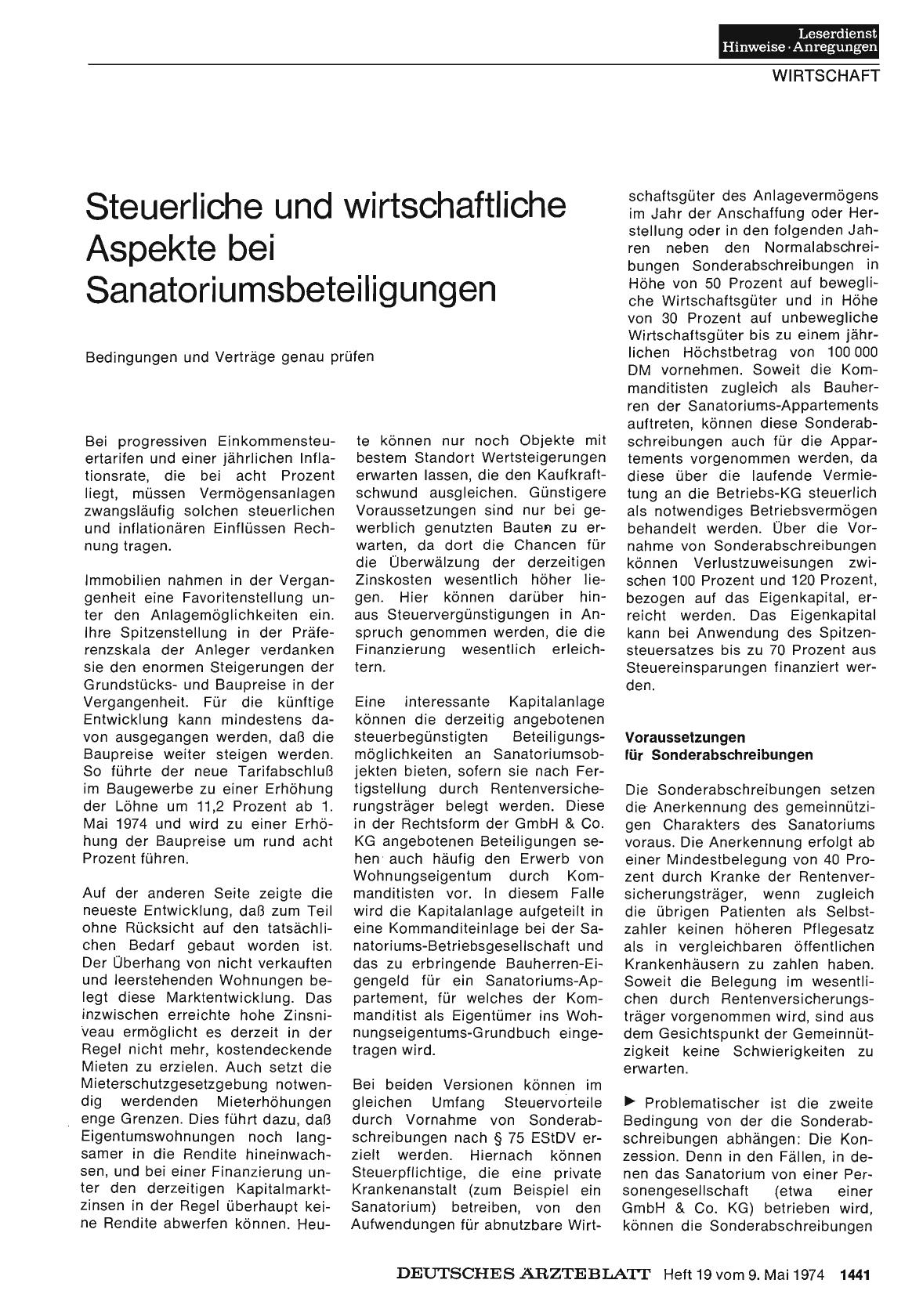 Vorschauseite 1: Steuerliche und wirtschaftliche Aspekte bei Sanatoriumsbeteiligungen