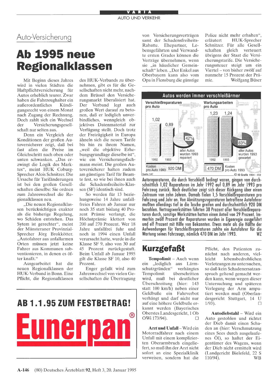 Vorschauseite 1: Auto-Versicherung: Ab 1995 neue Regionalklassen