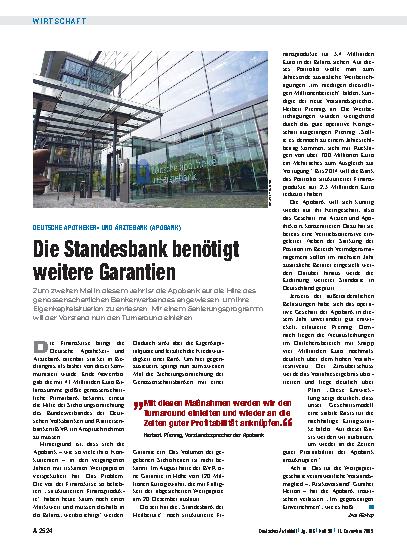 Vorschauseite 1: Deutsche Apothekerund Ärztebank (Apobank): Die Standesbank benötigt weitere Garantien