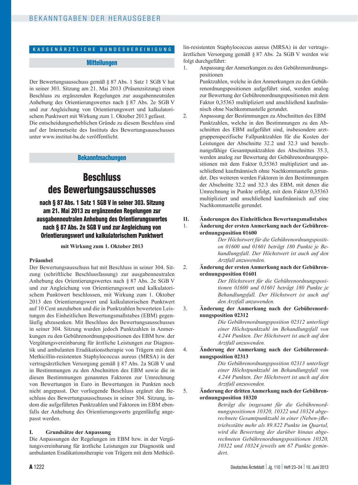 Vorschauseite 1: Beschluss des Bewertungsausschusses nach § 87 Abs. 1 Satz 1 SGB V in seiner 303. Sitzung am 21. Mai 2013 zu ergänzenden Regelungen zur ausgabenneutralen Anhebung des Orientierungs…