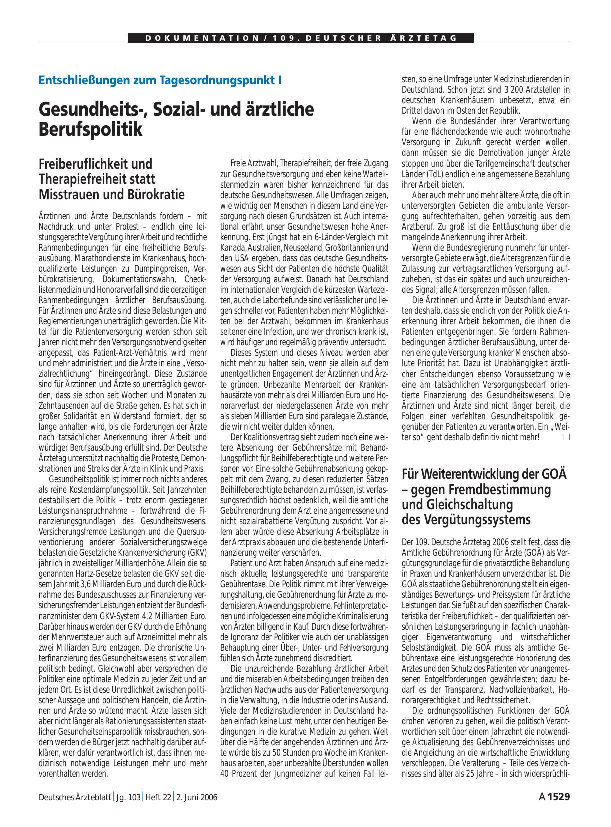Vorschauseite 1: Entschließungen zum Tagesordnungspunkt I: Gesundheits-, Sozialund ärztliche Berufspolitik