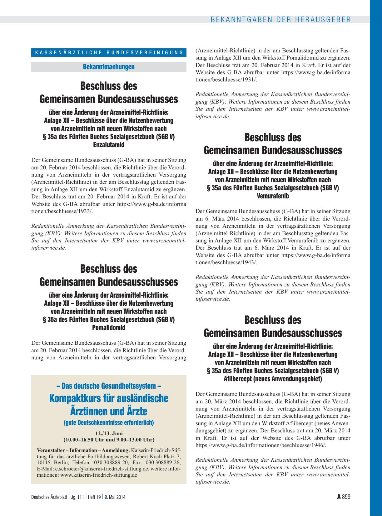 Vorschauseite 1: Beschluss des Gemeinsamen Bundesausschusses über eine Änderung der Arzneimittel-Richtlinie: Anlage XII – Beschlüsse über die Nutzenbewertung von Arzneimitteln mit neuen Wirkstoffe…