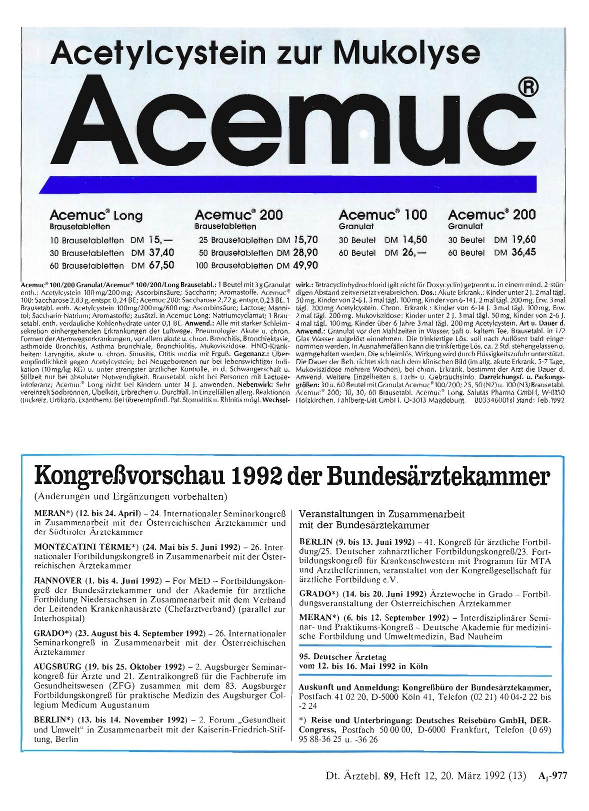 Vorschauseite 1: Kongreßvorschau 1992 der Bundesärztekammer