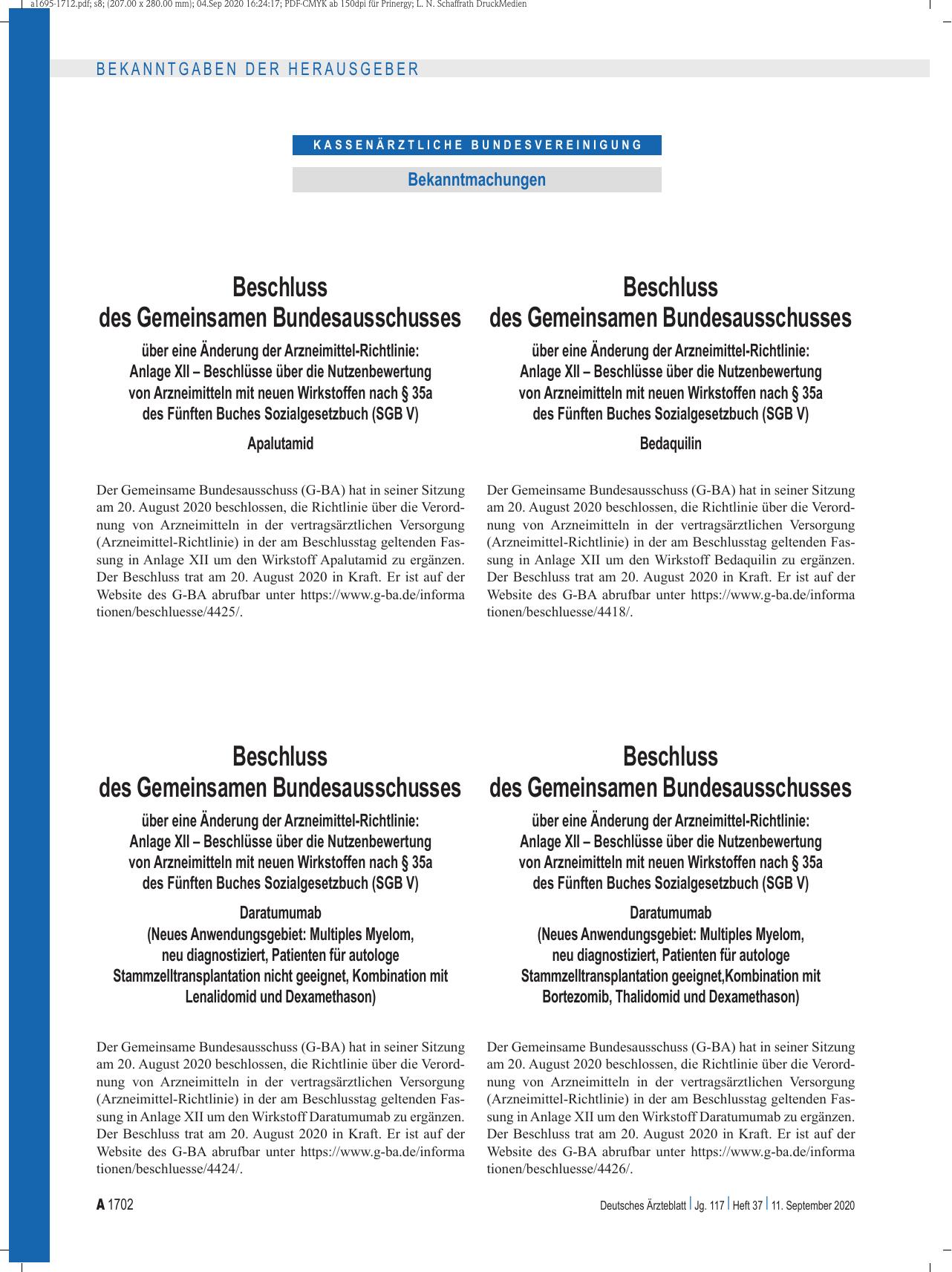 Vorschauseite 1: Beschluss des Gemeinsamen Bundesausschusses über eine Änderung der Arzneimittel-Richtlinie: Anlage XII – Daratumumab (Neues Anwendungsgebiet: Multiples Myelom, neu diagnostiziert,…