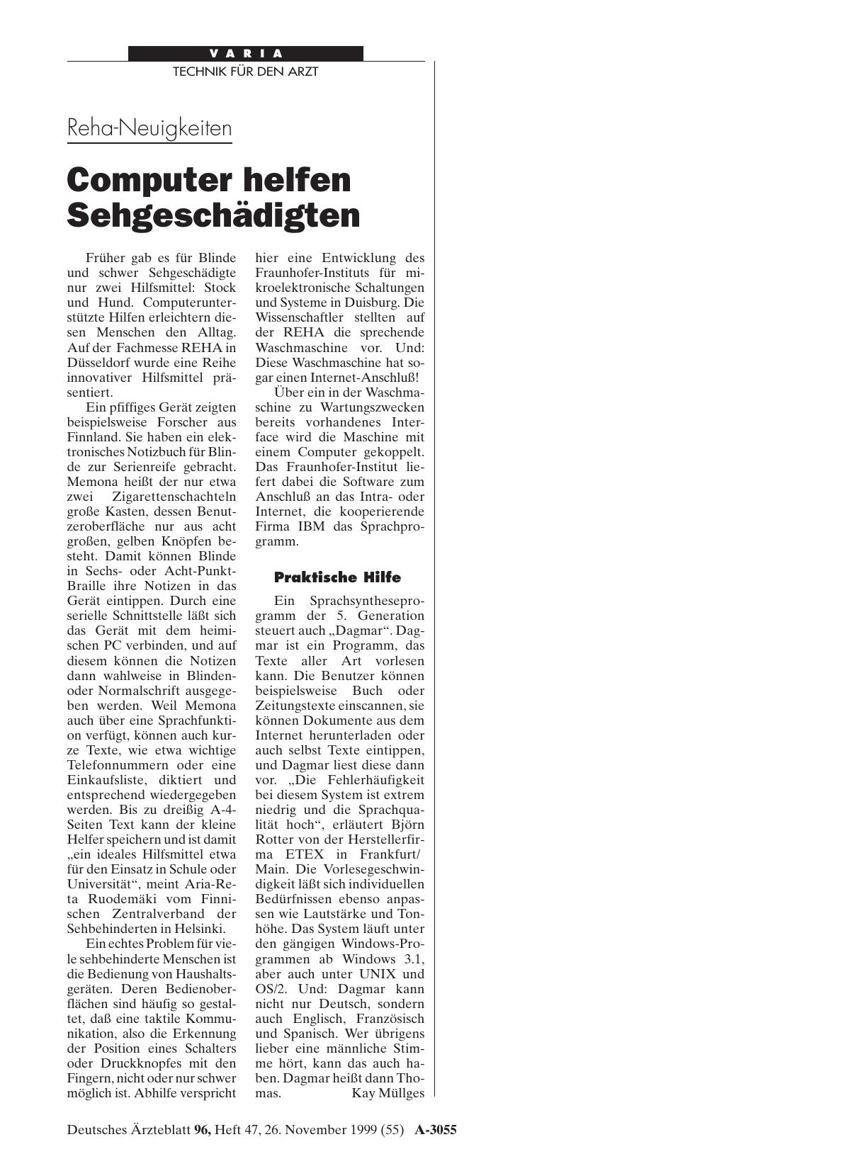 Vorschauseite 1: Reha-Neuigkeiten: Computer helfen Sehgeschädigten