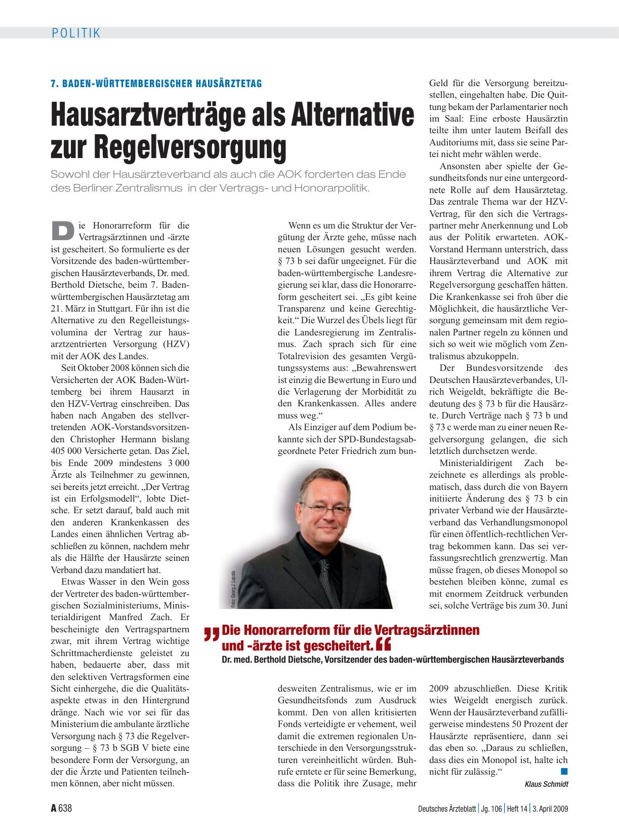 Vorschauseite 1: 7. Baden-Württembergischer Hausärztetag: Hausarztverträge als Alternative zur Regelversorgung
