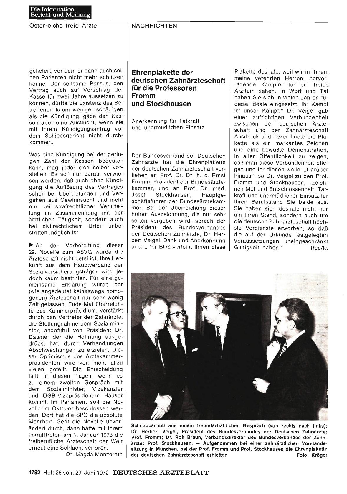 Vorschauseite 1: Ehrenplakette der deutschen Zahnärzteschaft für die Professoren Fromm und Stockhausen