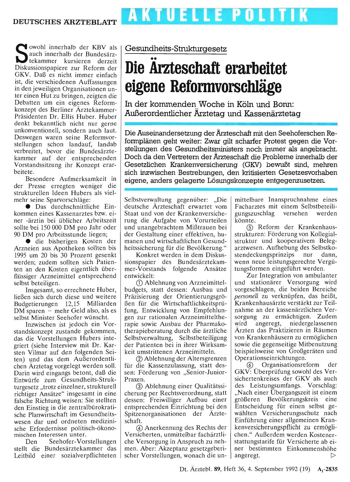 Vorschauseite 1: Gesundheits-Strukturgesetz: Die Ärzteschaft erarbeitet eigene Reformvorschläge