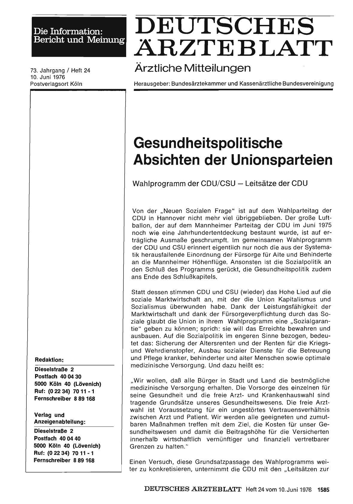 Vorschauseite 1: Gesundheitspolitische Absichten der Unionsparteien: Wahlprogramm der CDU/CSU — Leitsätze der CDU