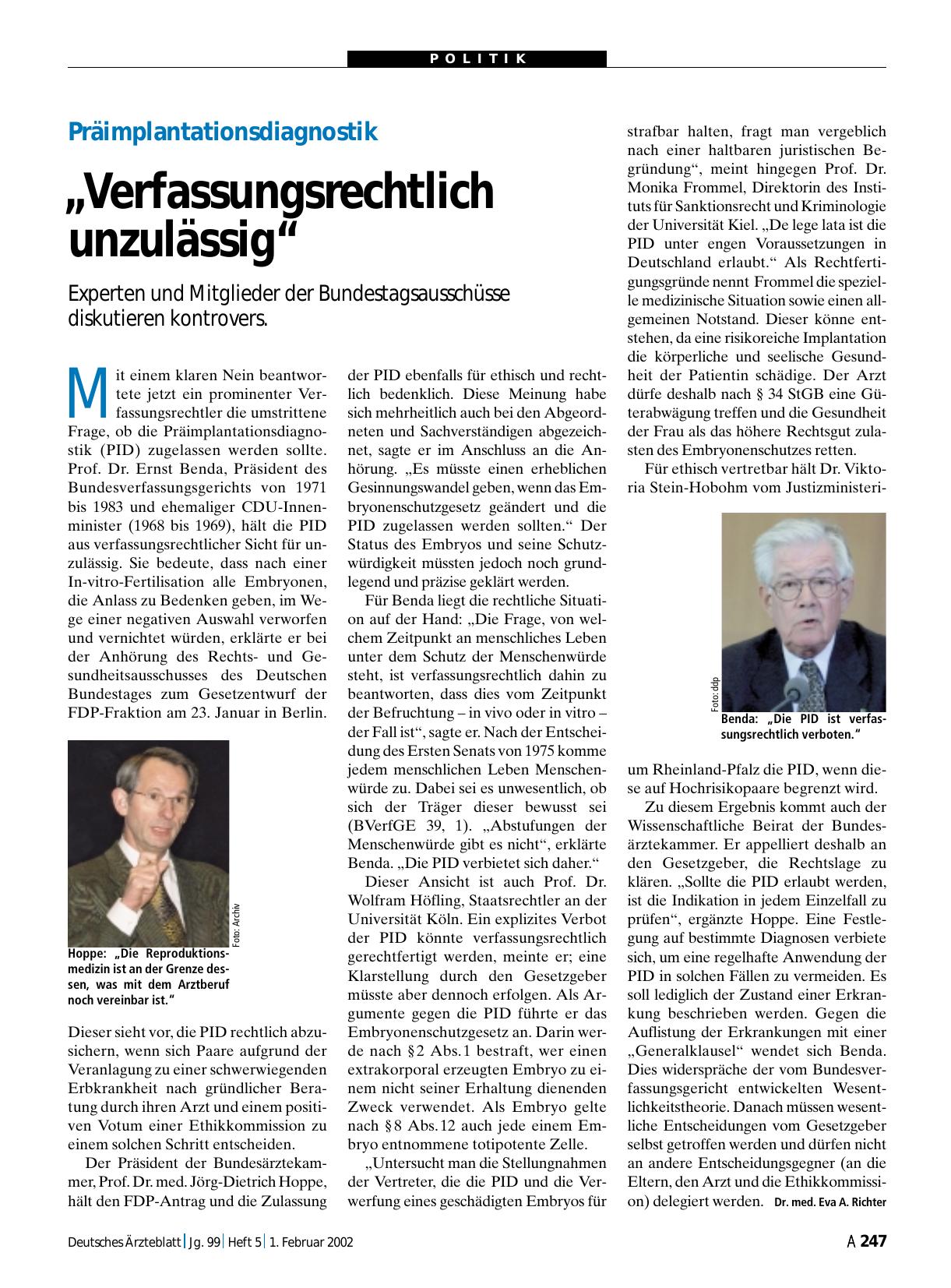 Vorschauseite 1: Präimplantationsdiagnostik: „Verfassungsrechtlich unzulässig“