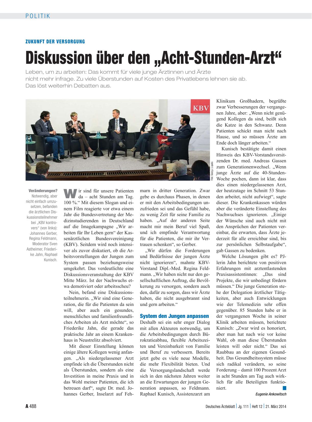 Vorschauseite 1: Zukunft der Versorgung: Diskussion über den „Acht-Stunden-Arzt“